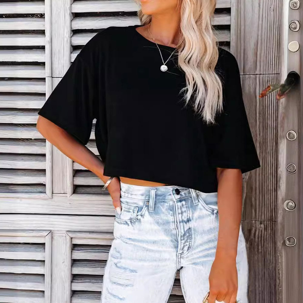 Valenzora | Casual, solid-color, short-sleeved T-shirt with a round neck for women