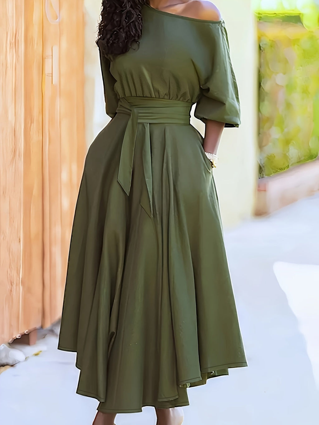 Valenzora | Off-shoulder midi dress with belt and asymmetrical hem