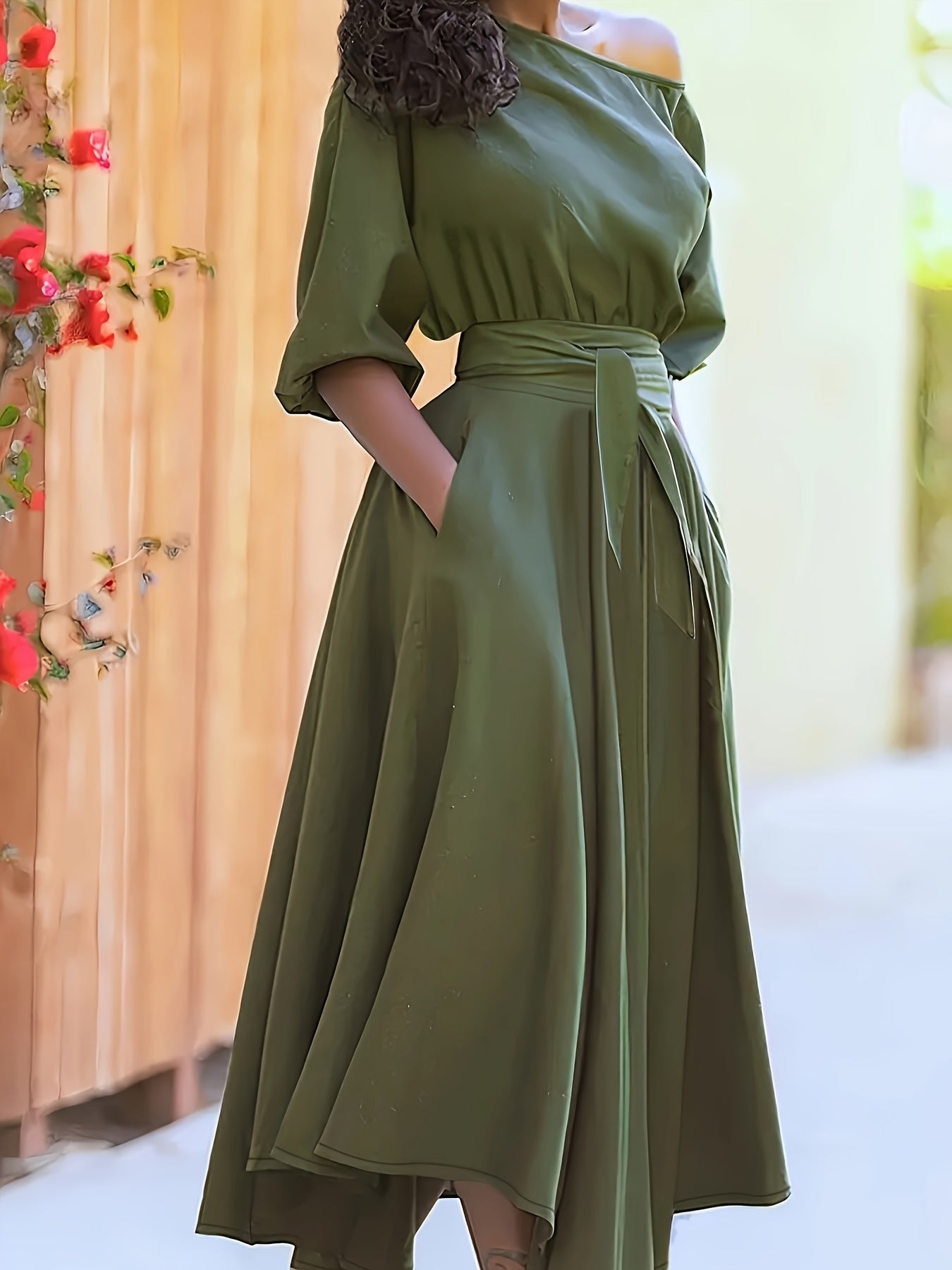Valenzora | Off-shoulder midi dress with belt and asymmetrical hem