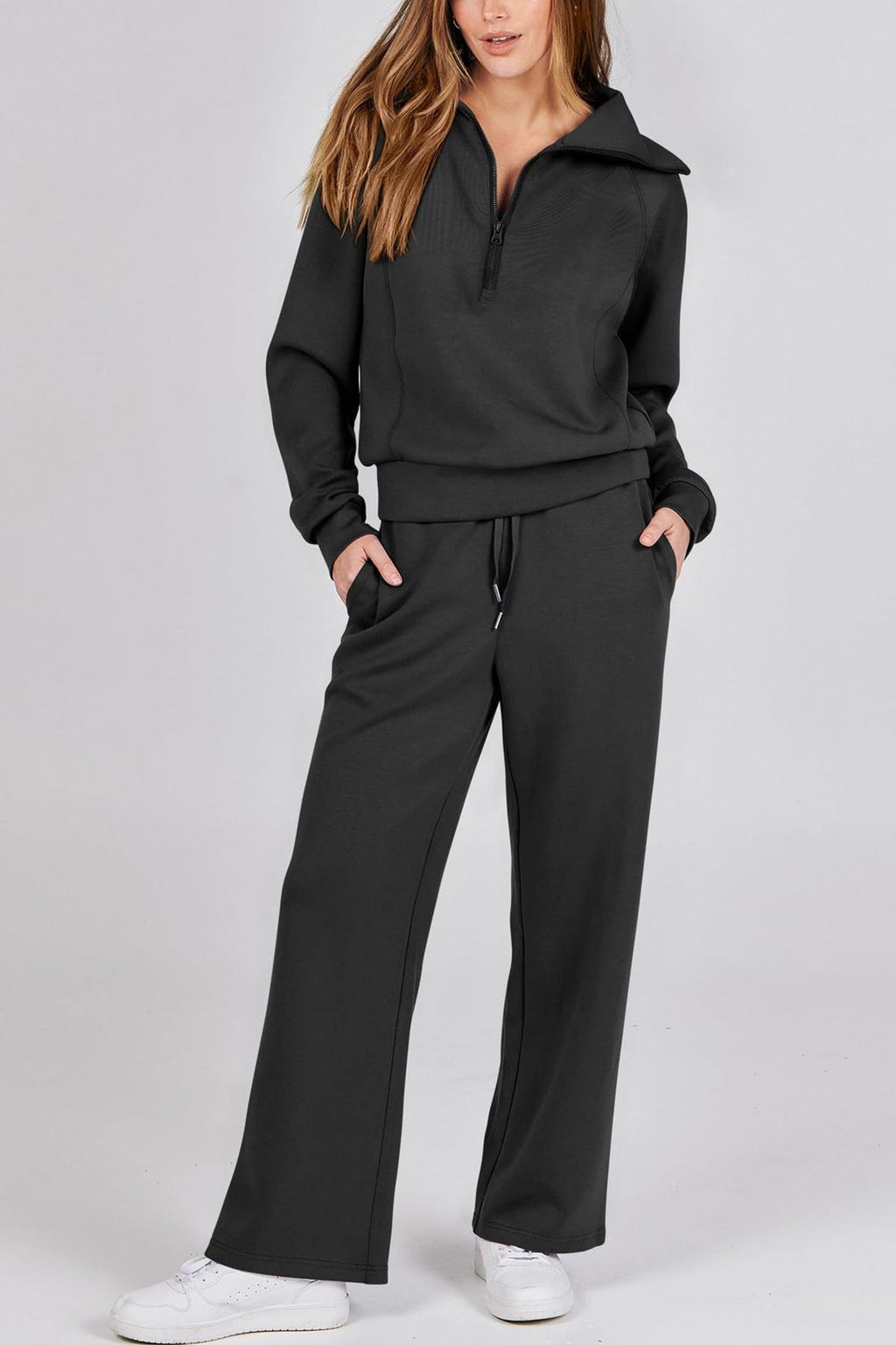 Valenzora | Long wide-leg trouser set with lapel zip-up sweatshirt