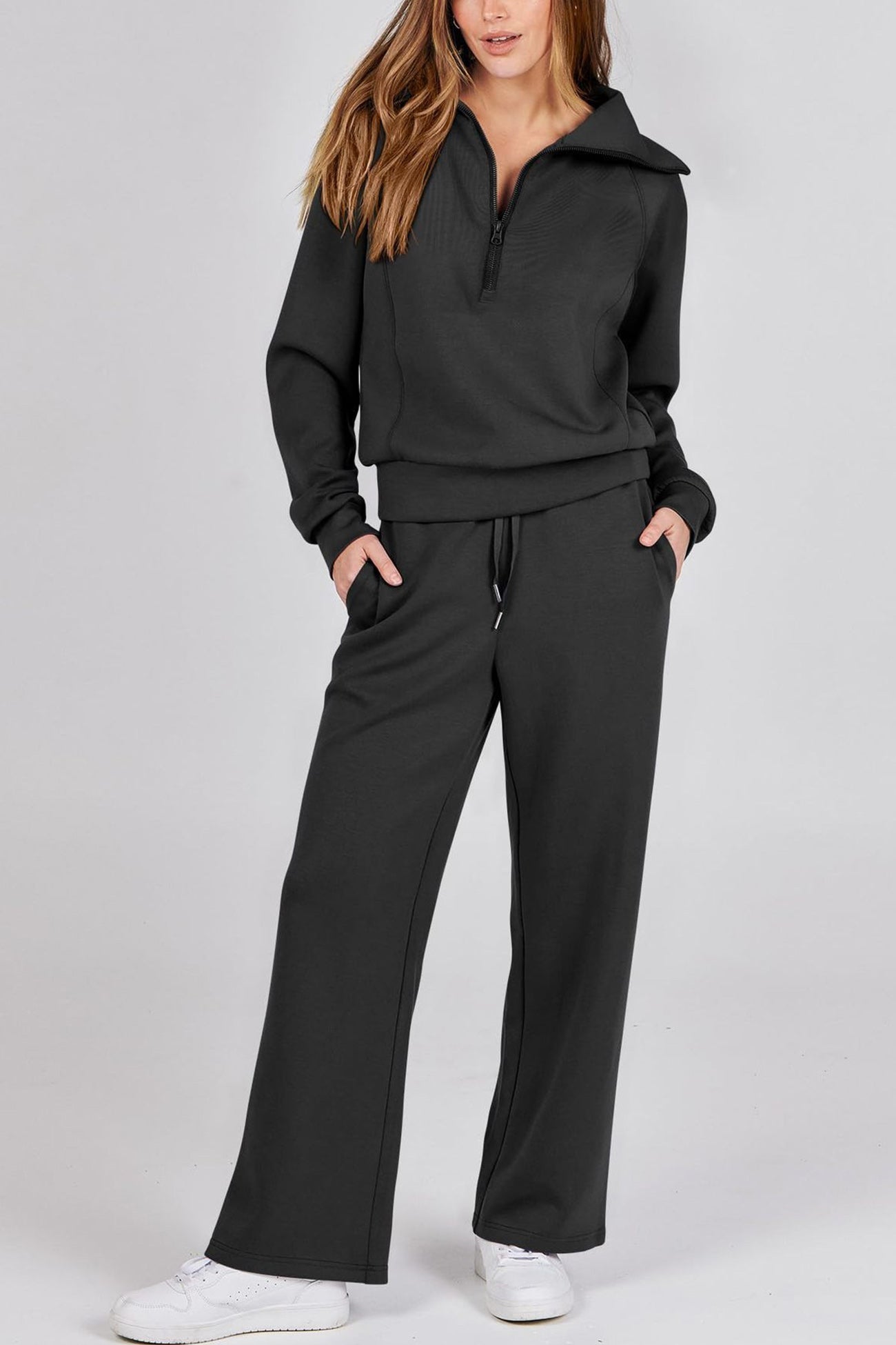 Valenzora | Long wide-leg trouser set with lapel zip-up sweatshirt