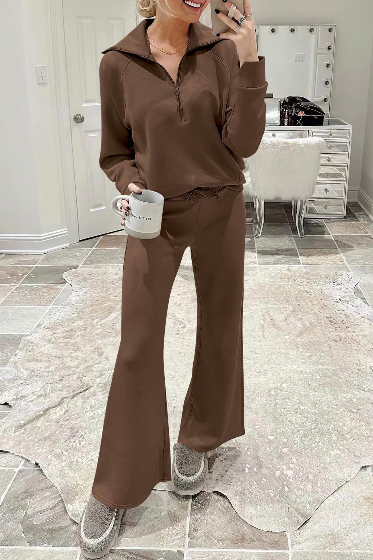 Valenzora | Long wide-leg trouser set with lapel zip-up sweatshirt