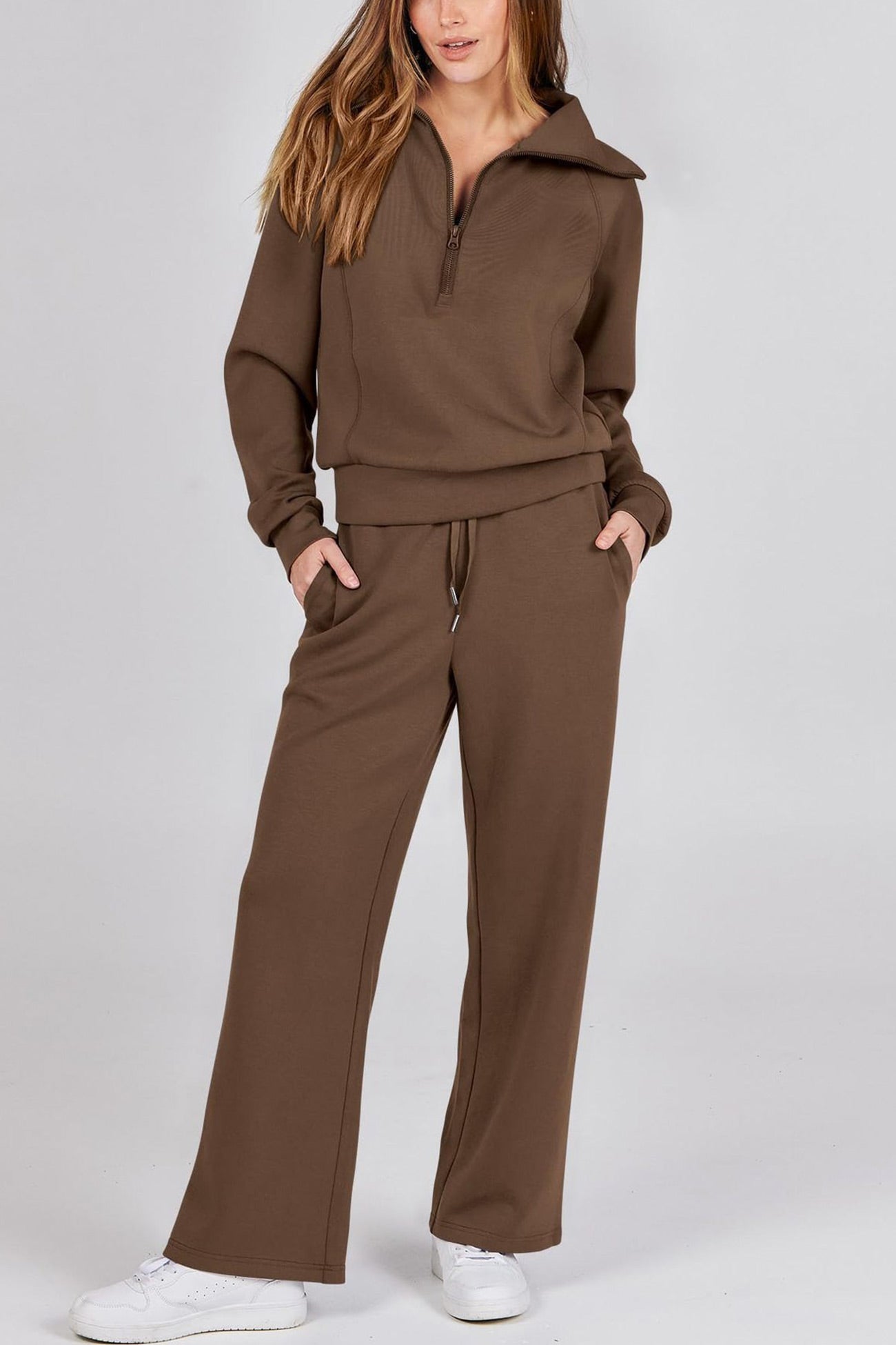 Valenzora | Long wide-leg trouser set with lapel zip-up sweatshirt