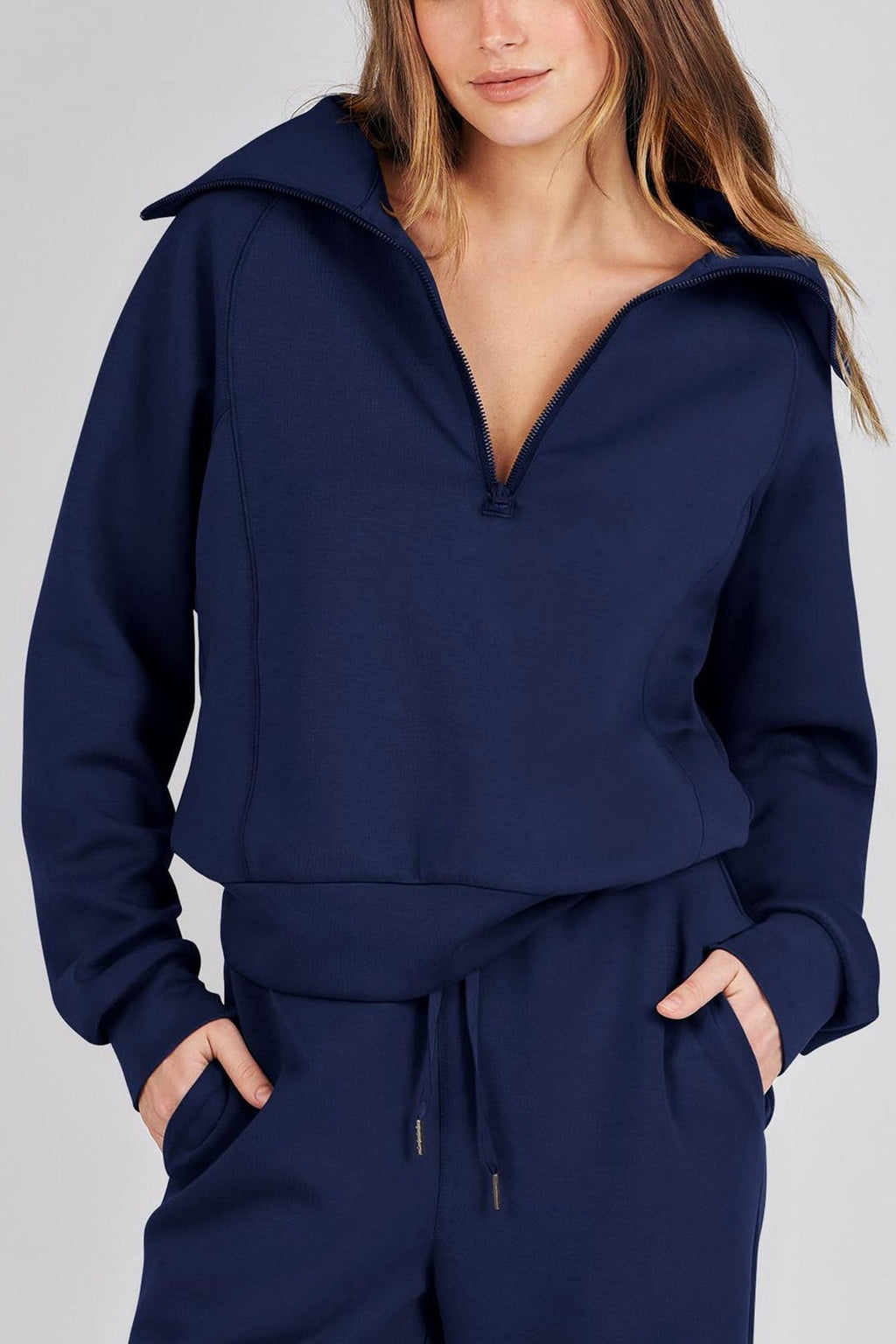 Valenzora | Long wide-leg trouser set with lapel zip-up sweatshirt