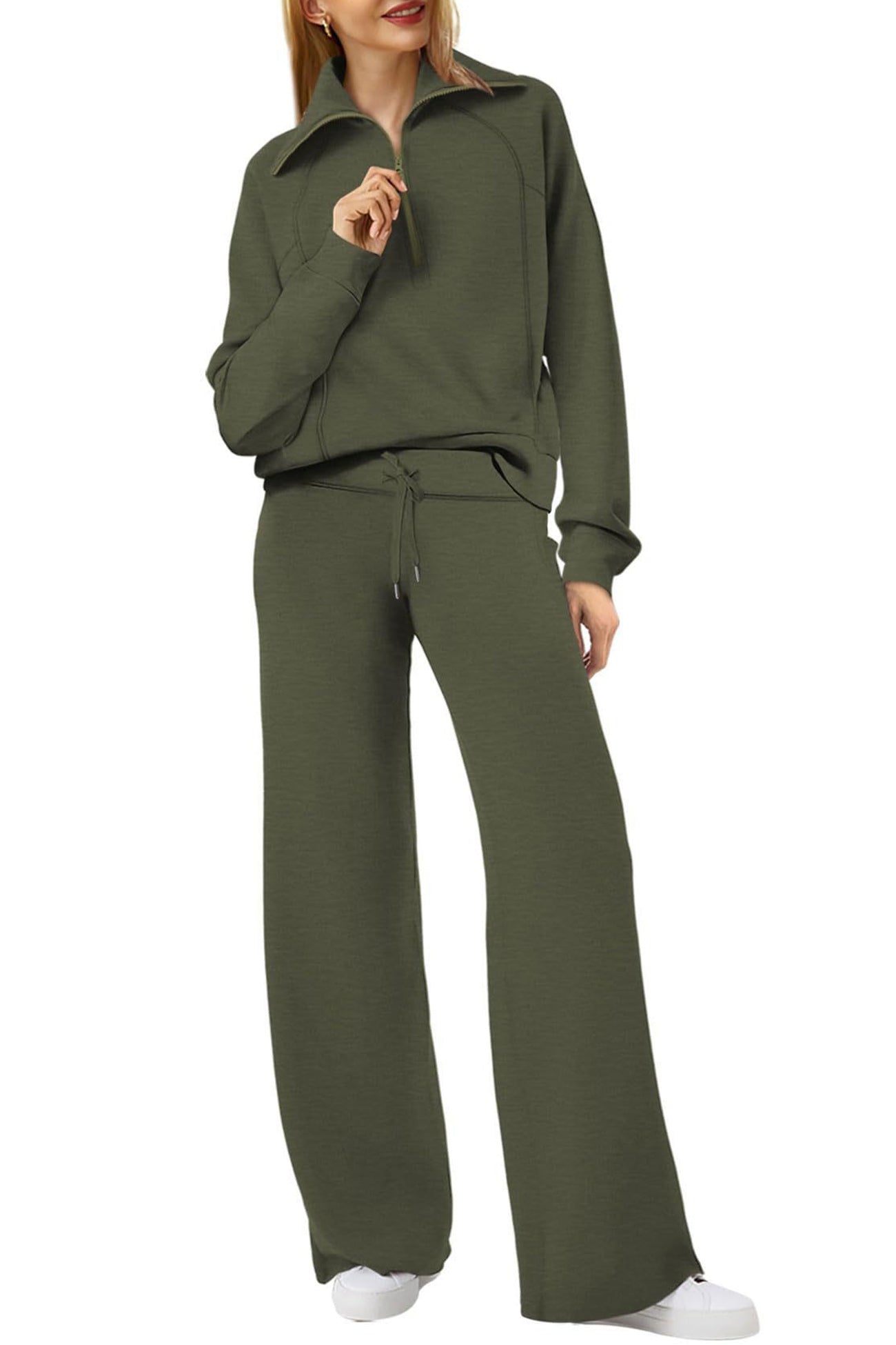 Valenzora | Long wide-leg trouser set with lapel zip-up sweatshirt