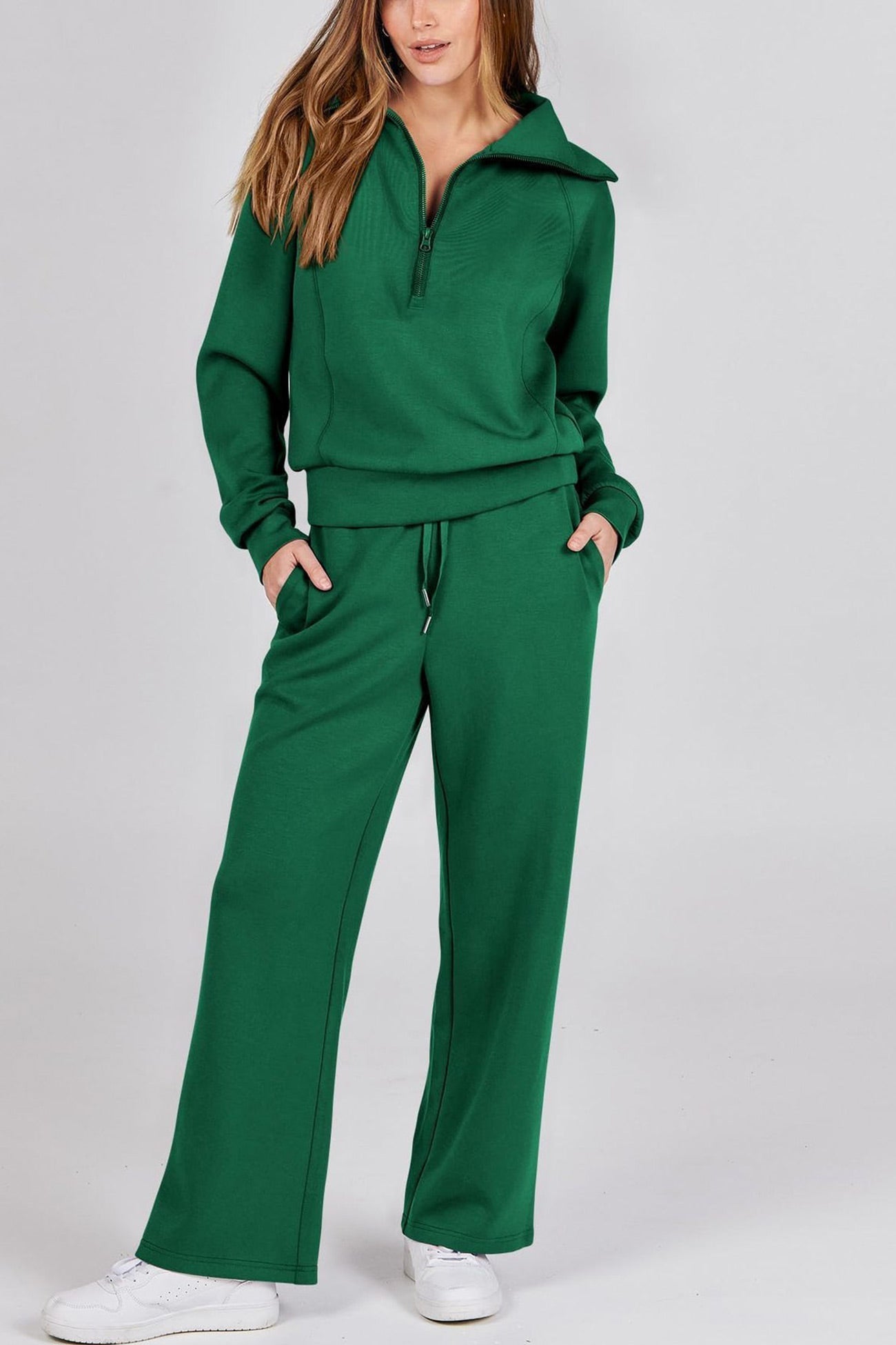 Valenzora | Long wide-leg trouser set with lapel zip-up sweatshirt