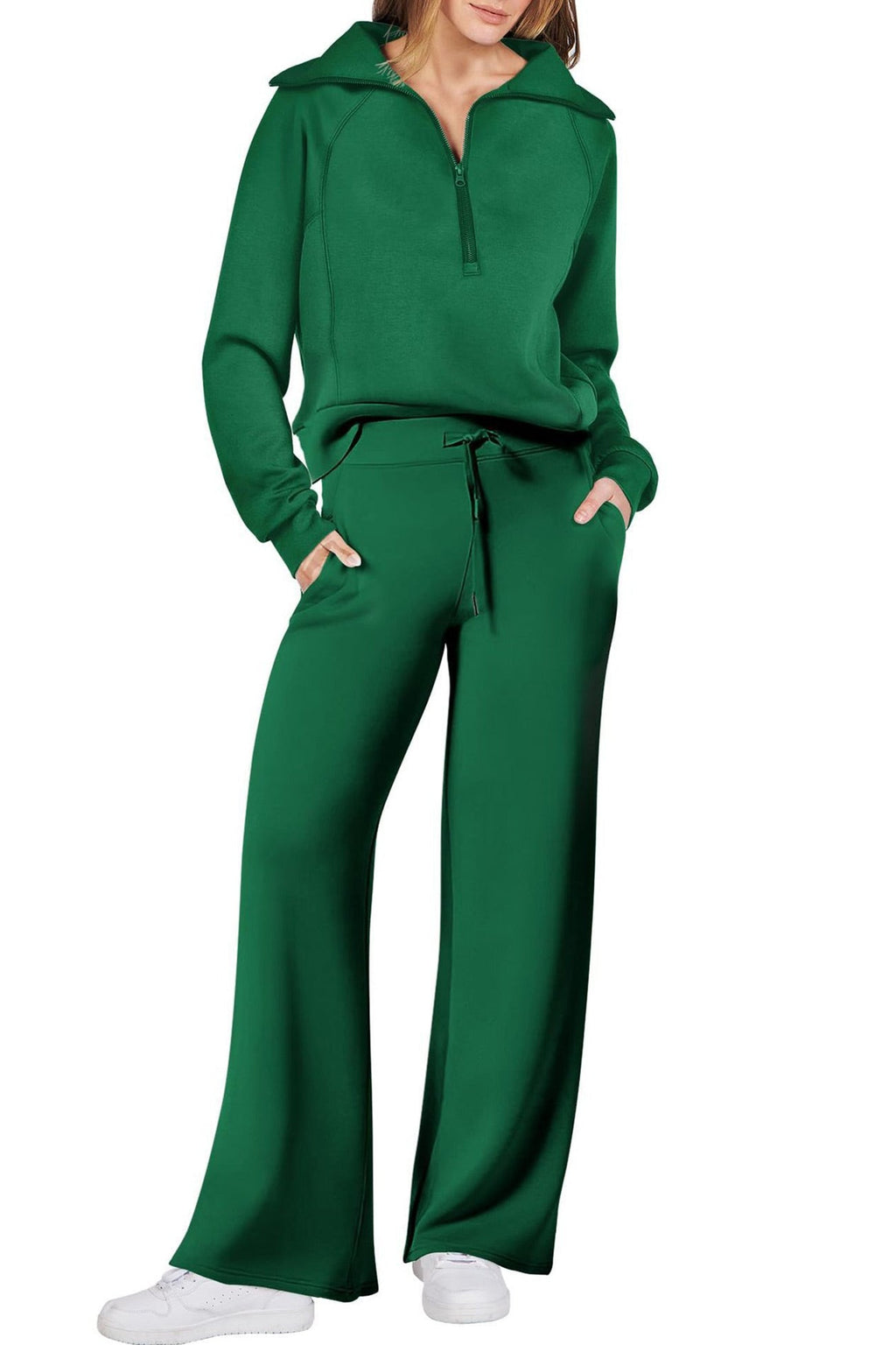 Valenzora | Long wide-leg trouser set with lapel zip-up sweatshirt