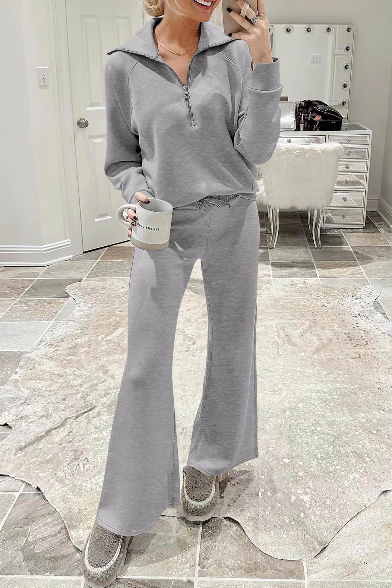 Valenzora | Long wide-leg trouser set with lapel zip-up sweatshirt