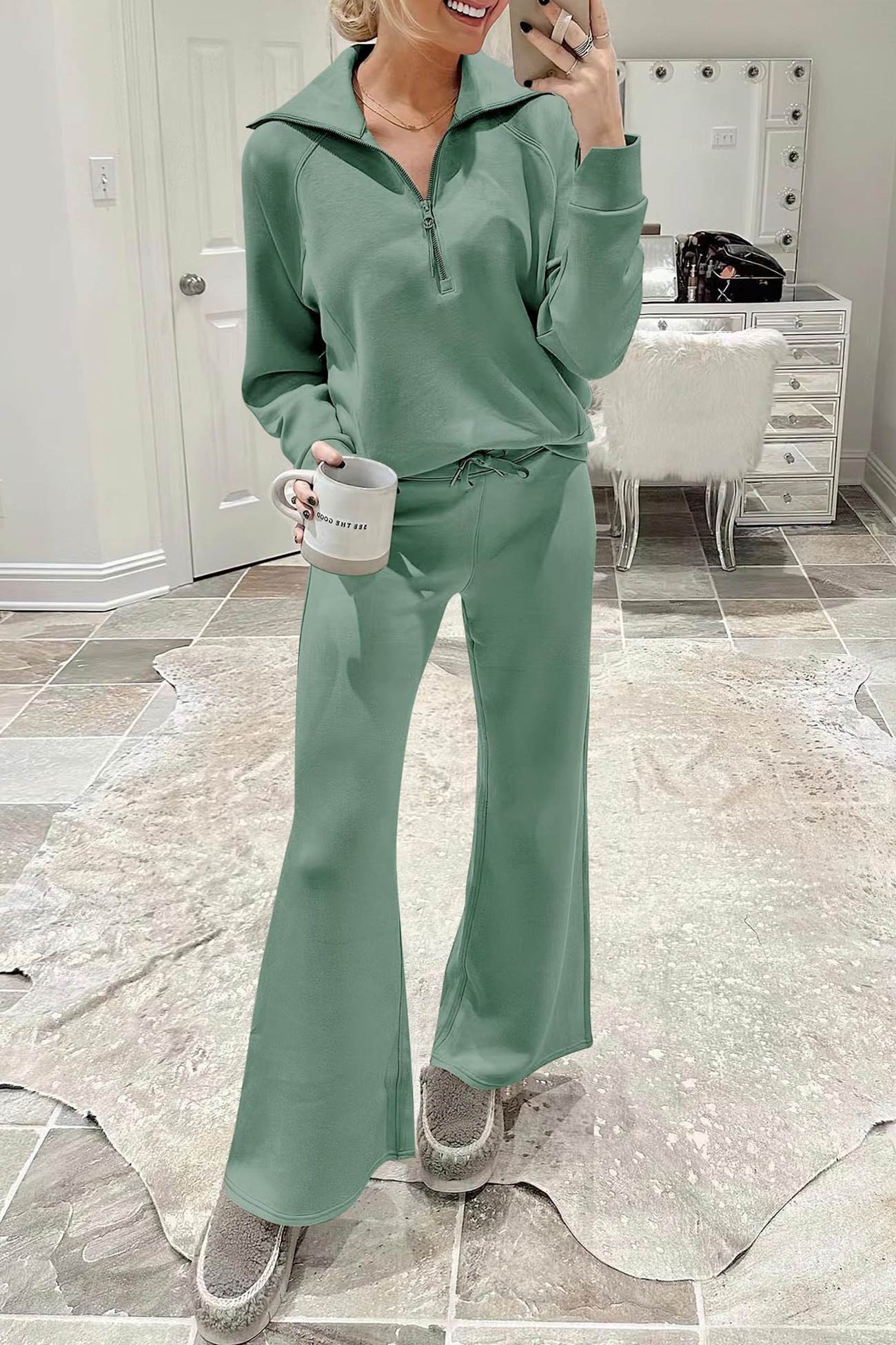 Valenzora | Long wide-leg trouser set with lapel zip-up sweatshirt