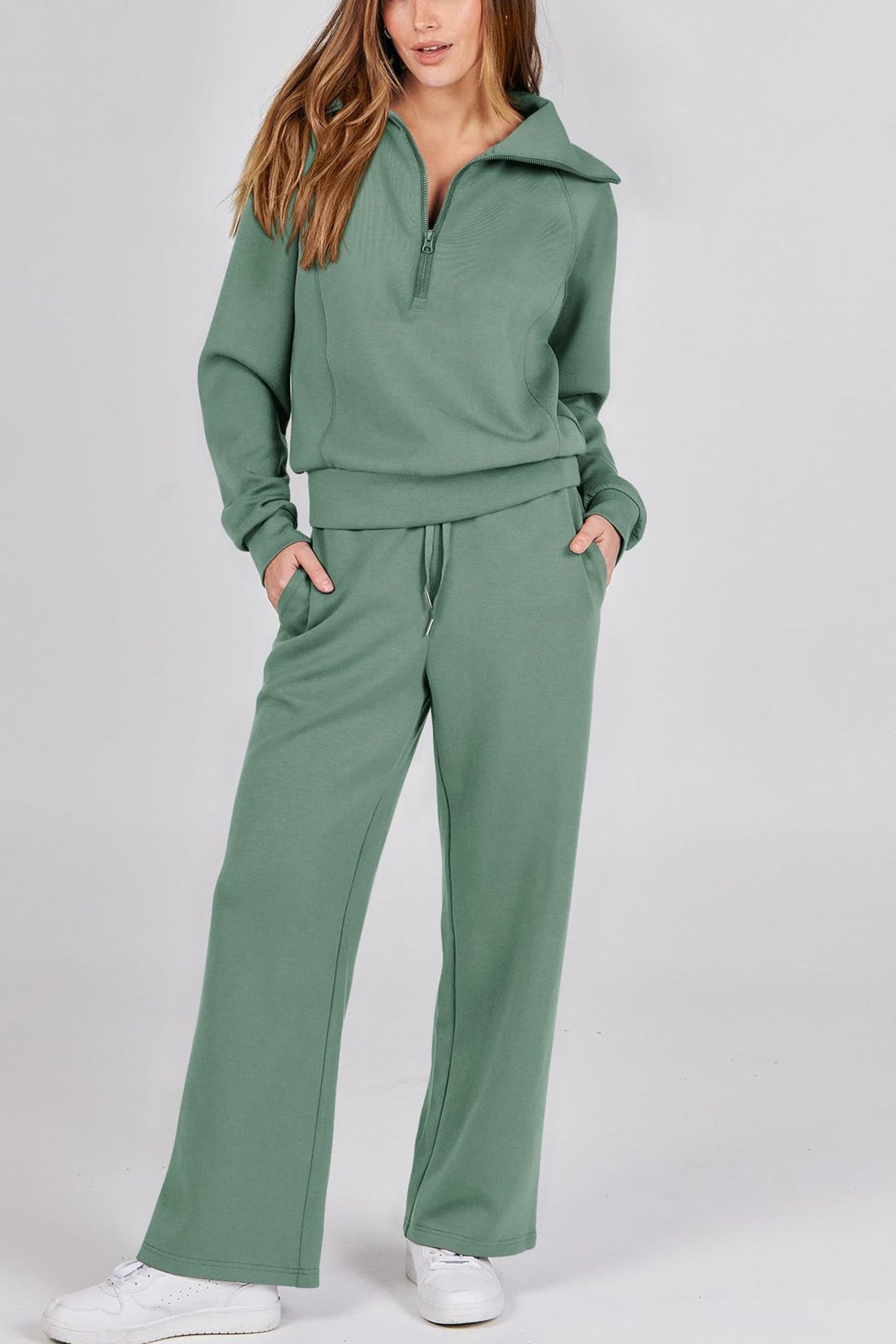 Valenzora | Long wide-leg trouser set with lapel zip-up sweatshirt