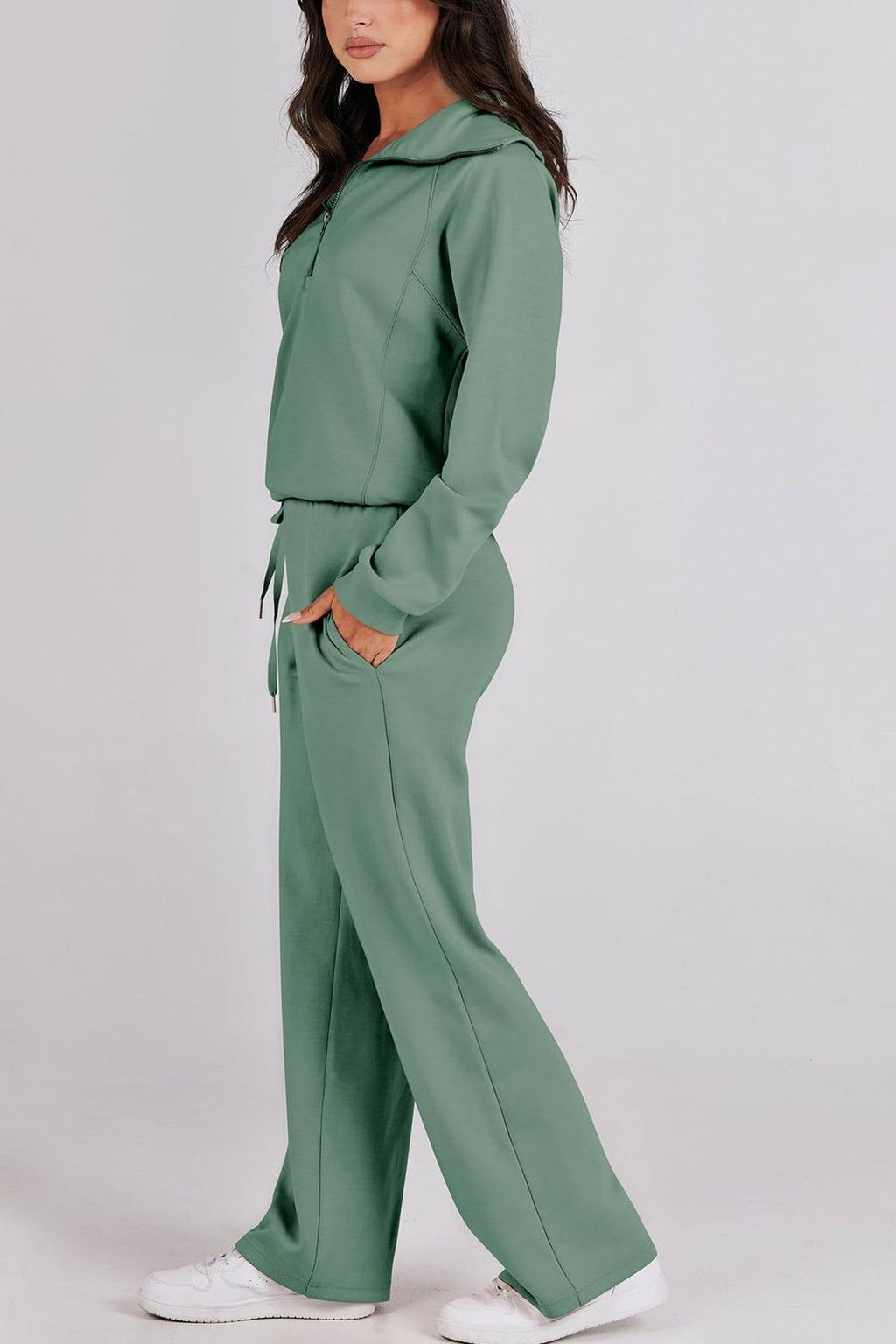 Valenzora | Long wide-leg trouser set with lapel zip-up sweatshirt