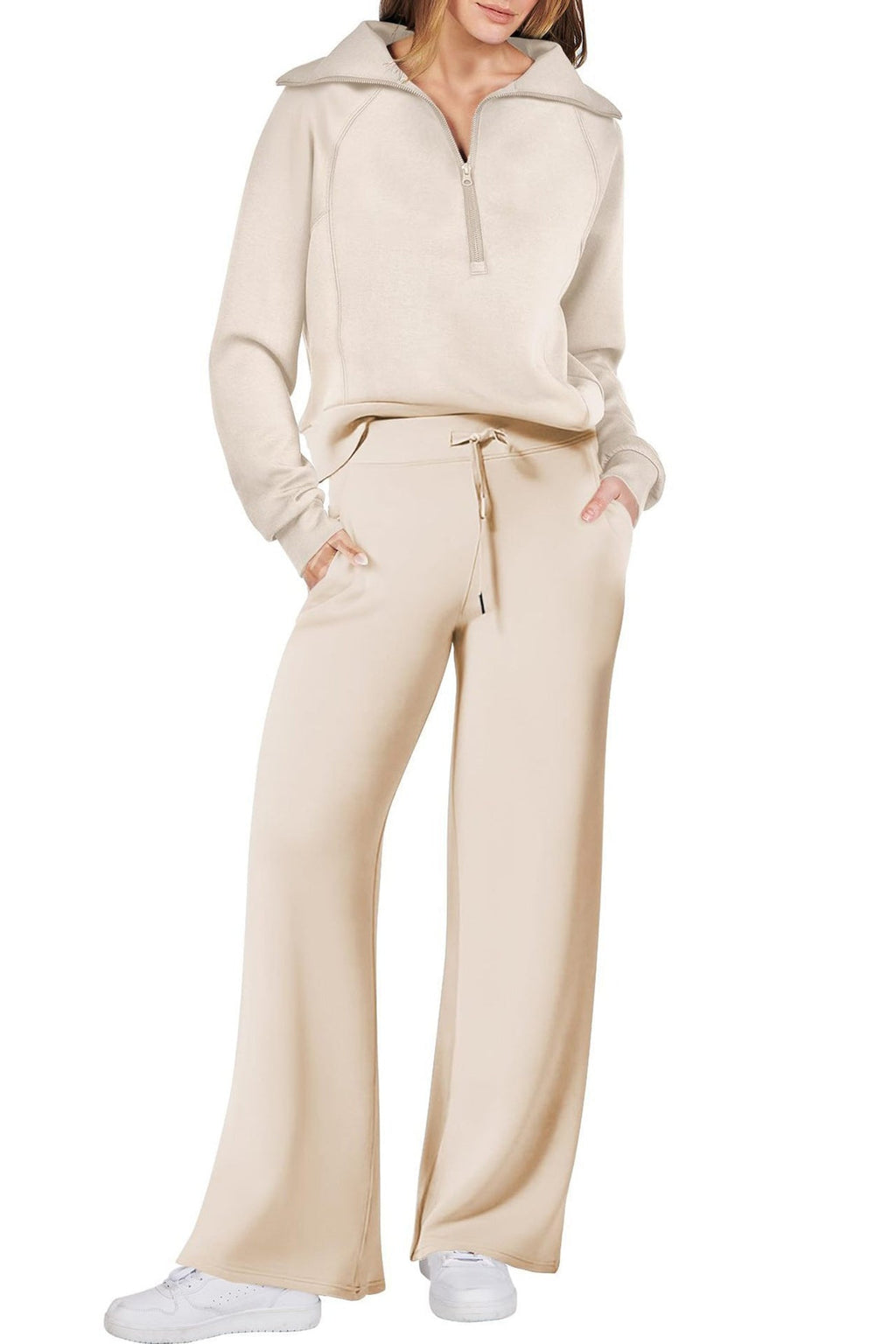 Valenzora | Long wide-leg trouser set with lapel zip-up sweatshirt