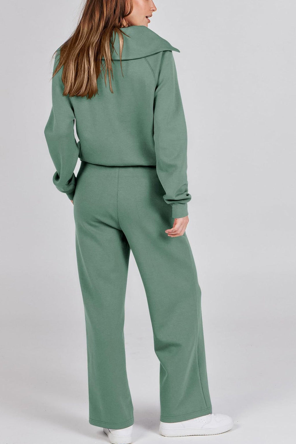 Valenzora | Long wide-leg trouser set with lapel zip-up sweatshirt