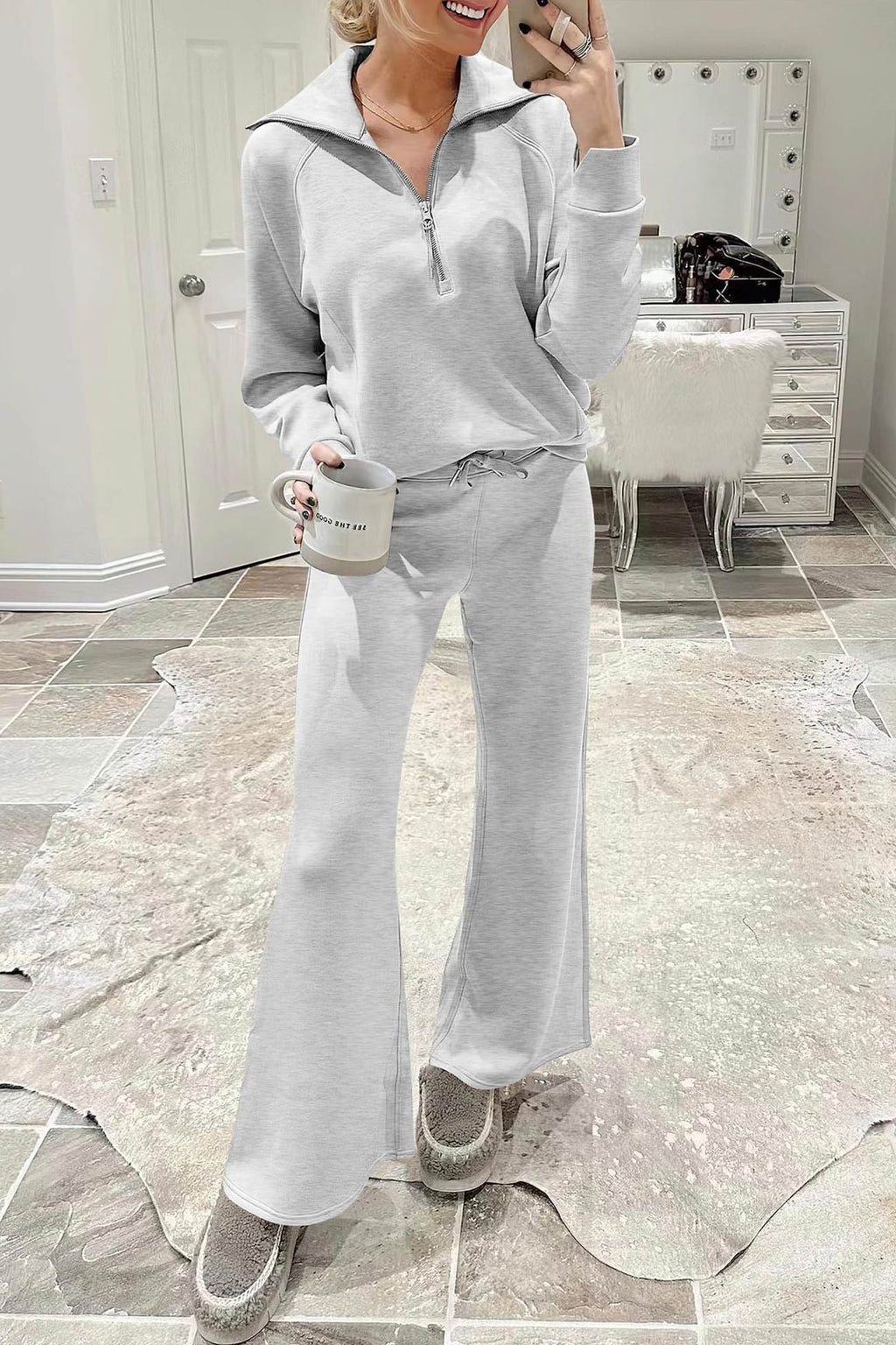Valenzora | Long wide-leg trouser set with lapel zip-up sweatshirt