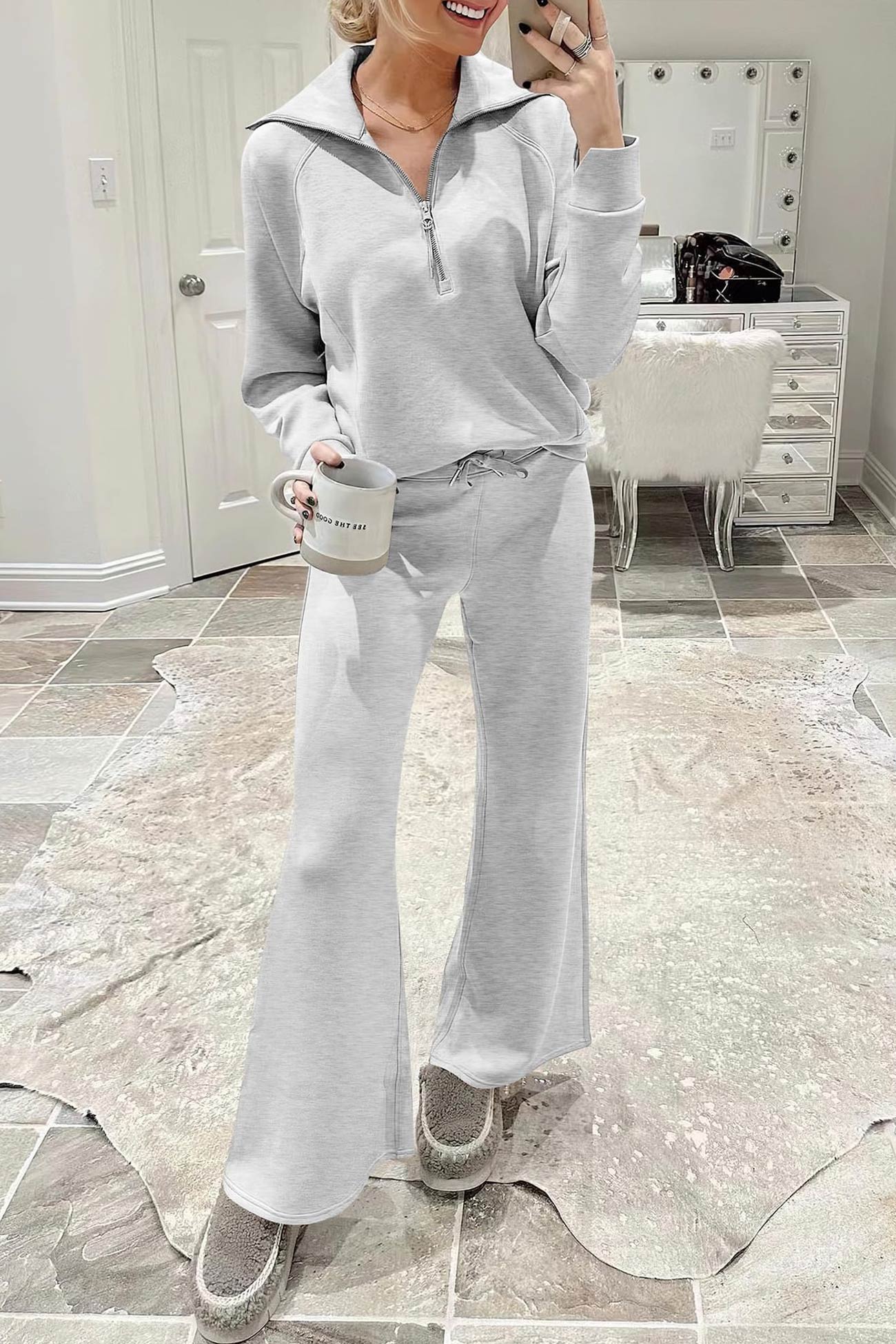 Valenzora | Long wide-leg trouser set with lapel zip-up sweatshirt