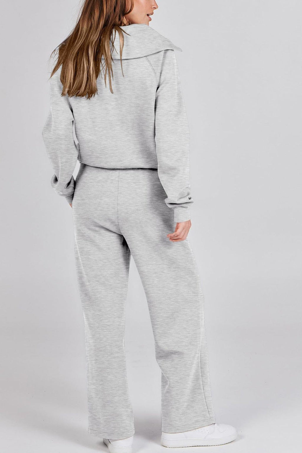 Valenzora | Long wide-leg trouser set with lapel zip-up sweatshirt