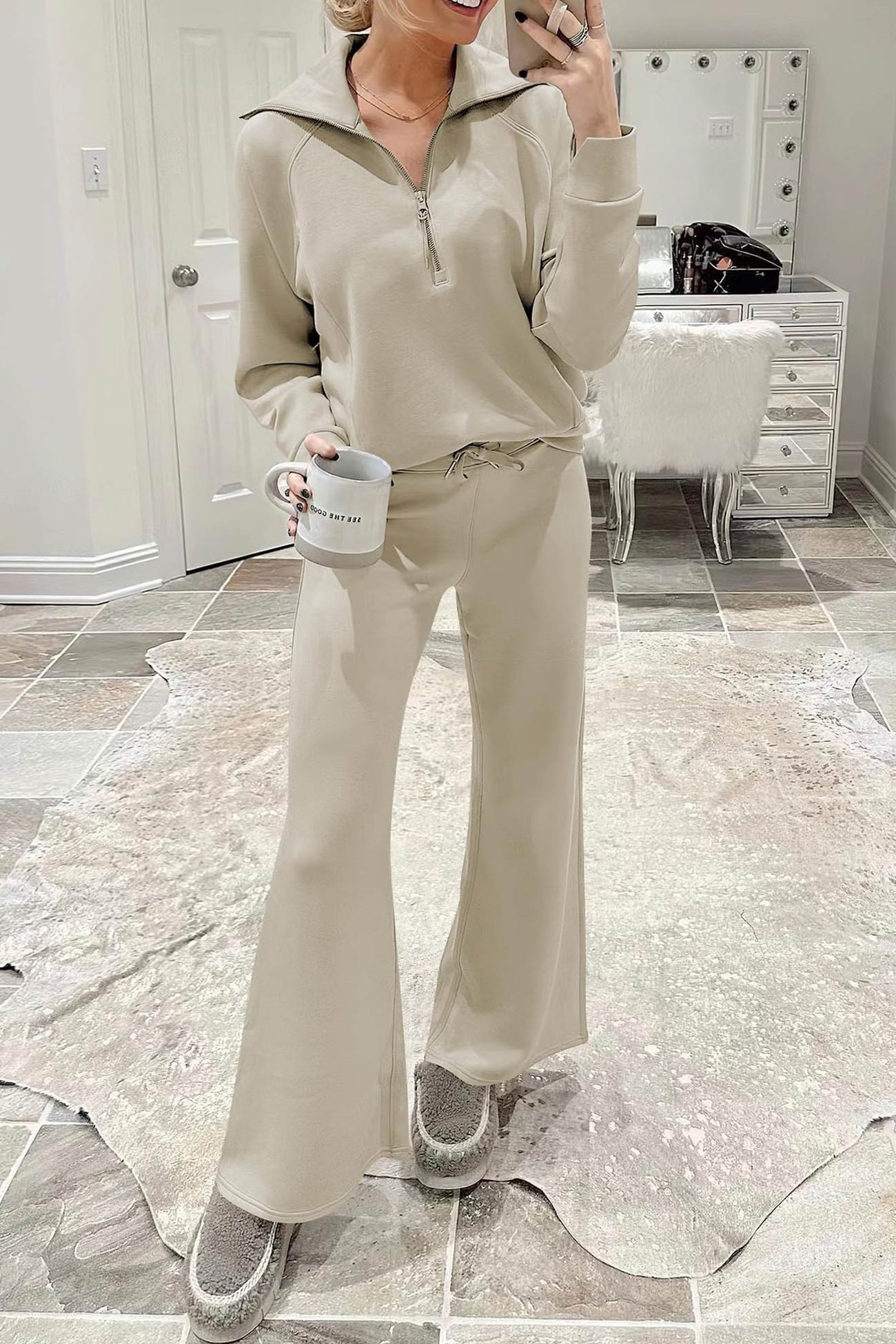 Valenzora | Long wide-leg trouser set with lapel zip-up sweatshirt