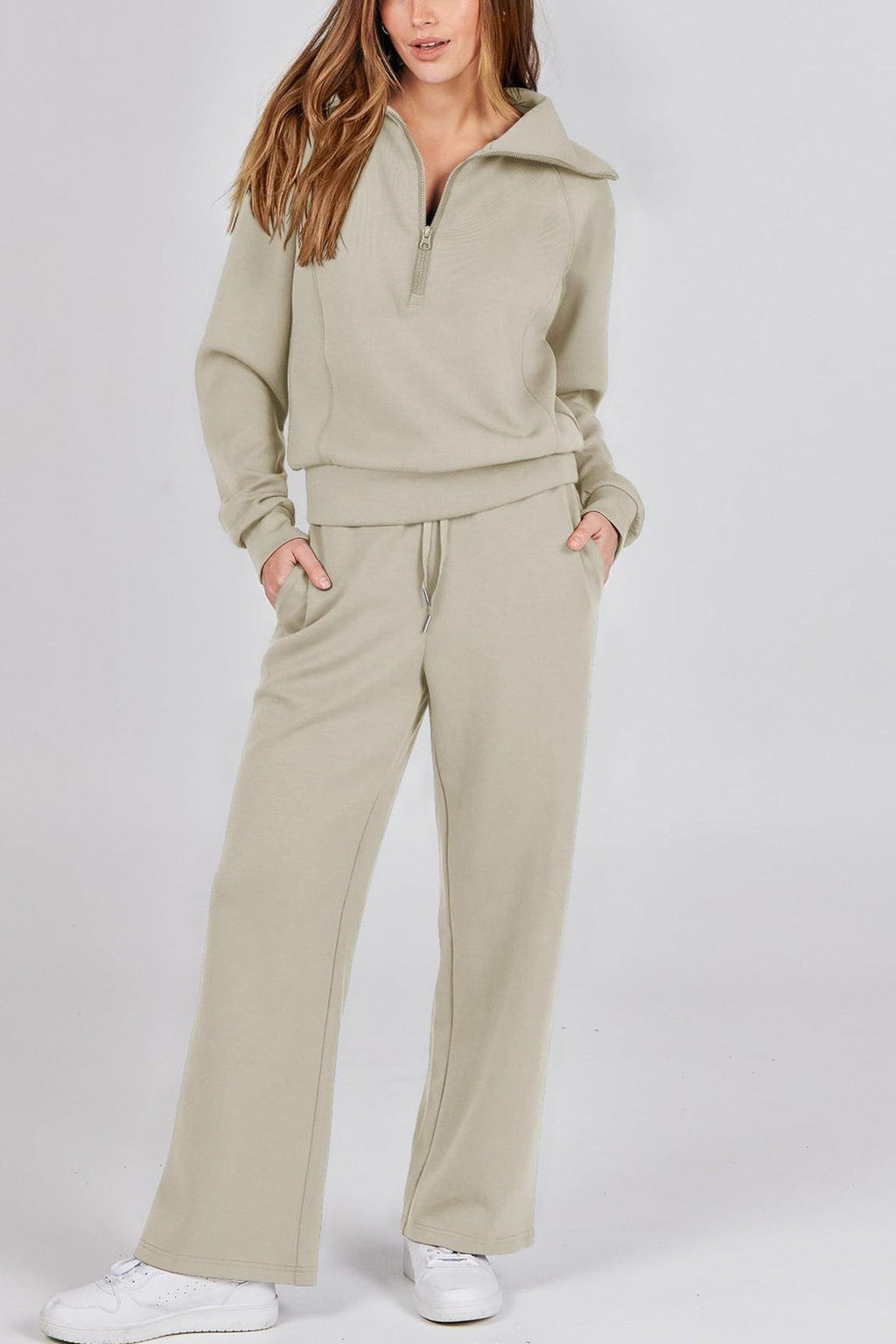 Valenzora | Long wide-leg trouser set with lapel zip-up sweatshirt