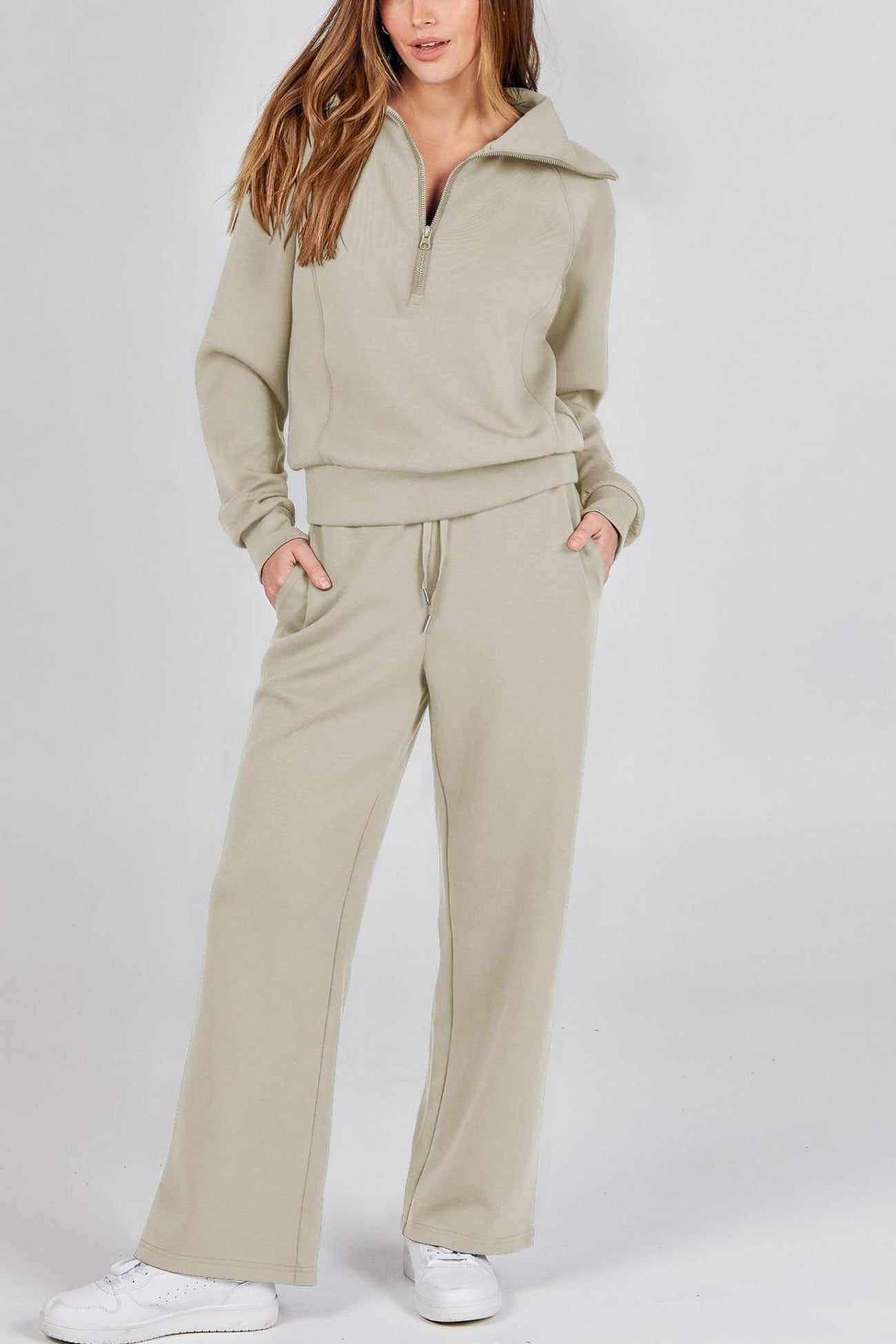 Valenzora | Long wide-leg trouser set with lapel zip-up sweatshirt