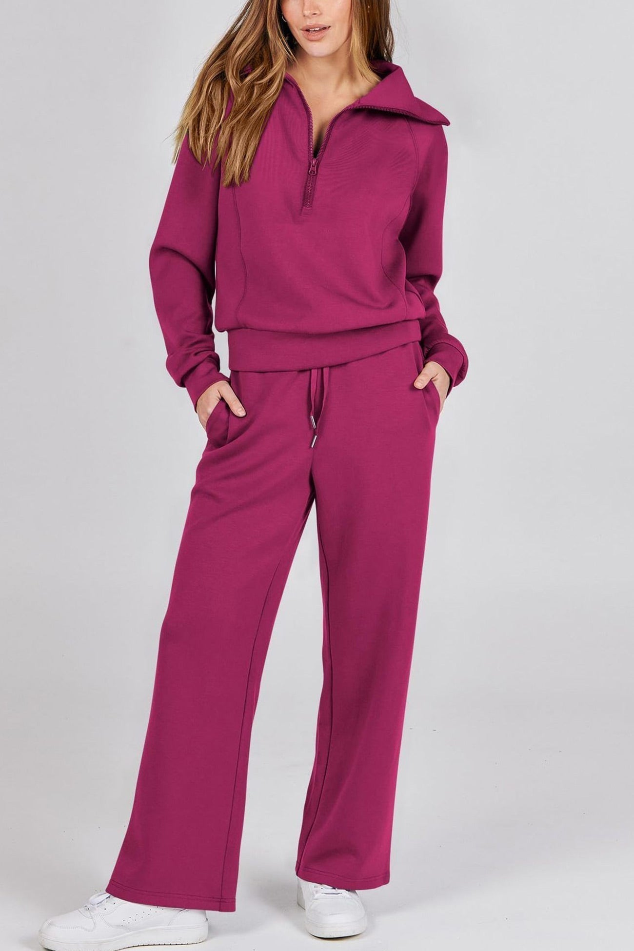 Valenzora | Long wide-leg trouser set with lapel zip-up sweatshirt