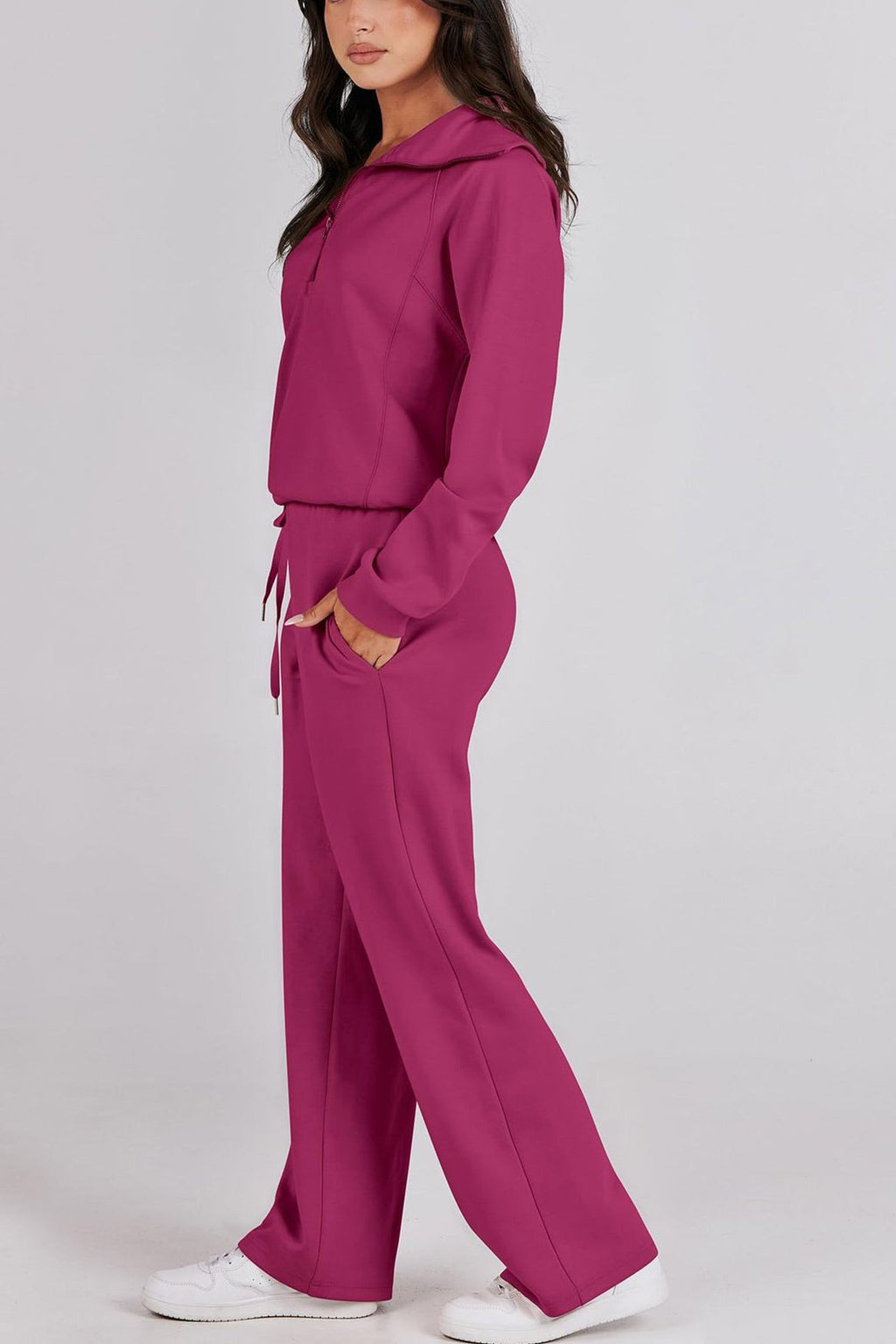 Valenzora | Long wide-leg trouser set with lapel zip-up sweatshirt