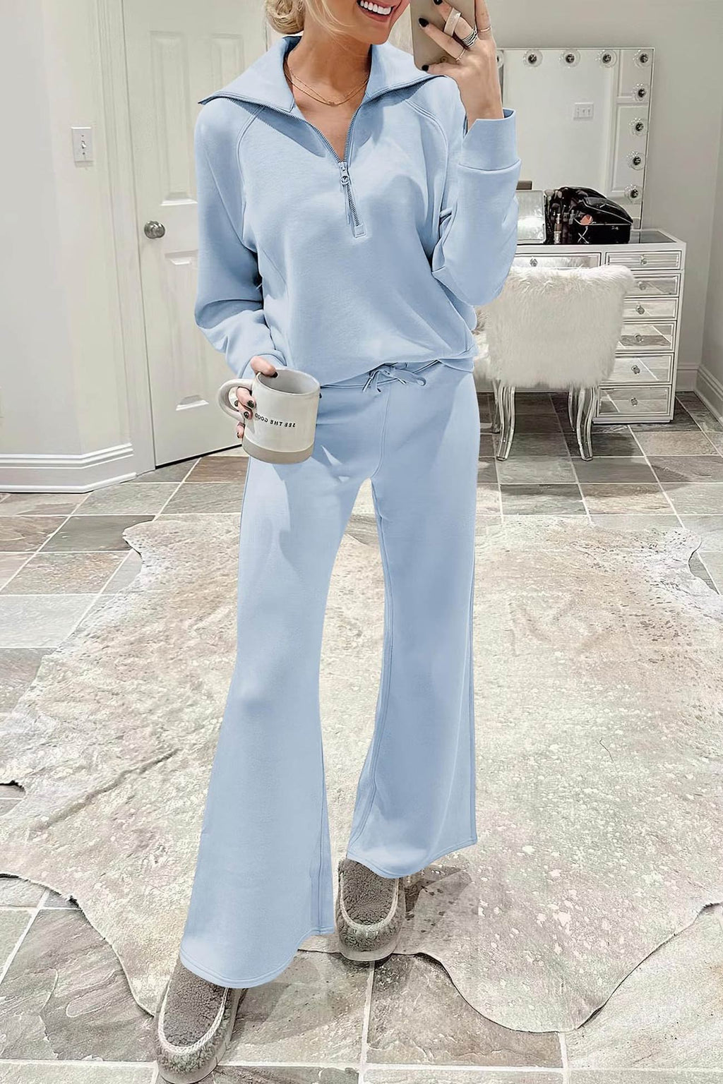 Valenzora | Long wide-leg trouser set with lapel zip-up sweatshirt