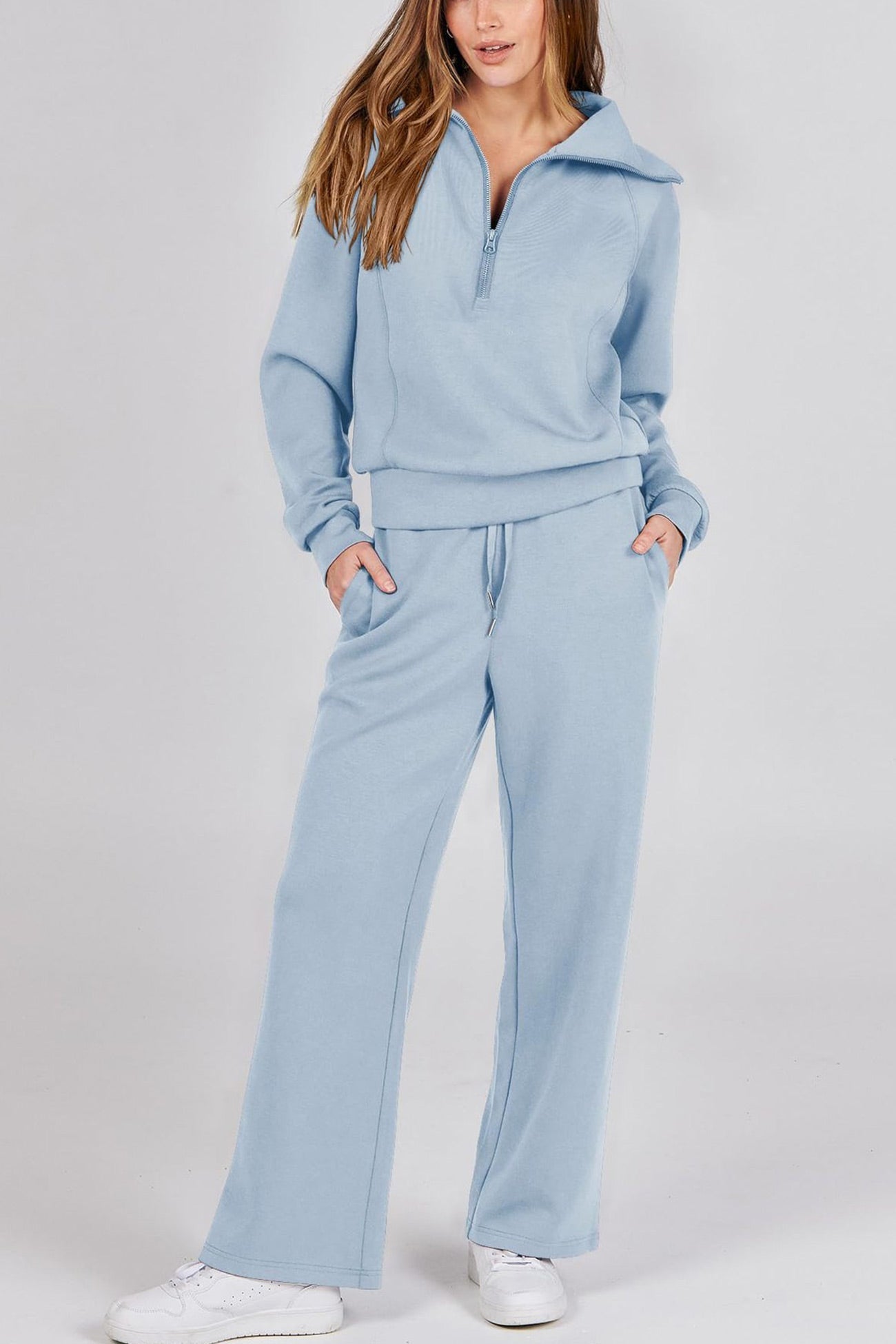 Valenzora | Long wide-leg trouser set with lapel zip-up sweatshirt