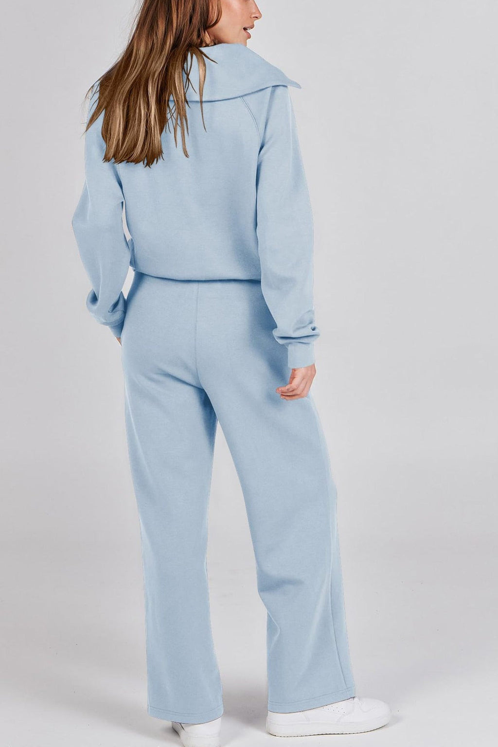 Valenzora | Long wide-leg trouser set with lapel zip-up sweatshirt