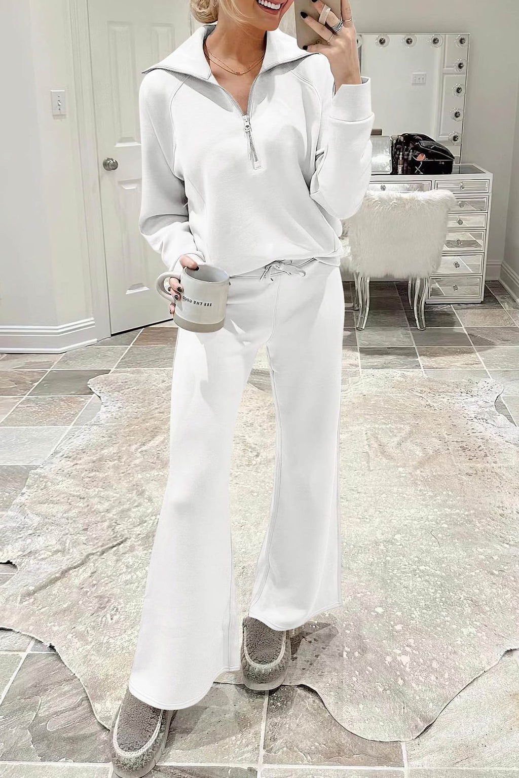 Valenzora | Long wide-leg trouser set with lapel zip-up sweatshirt