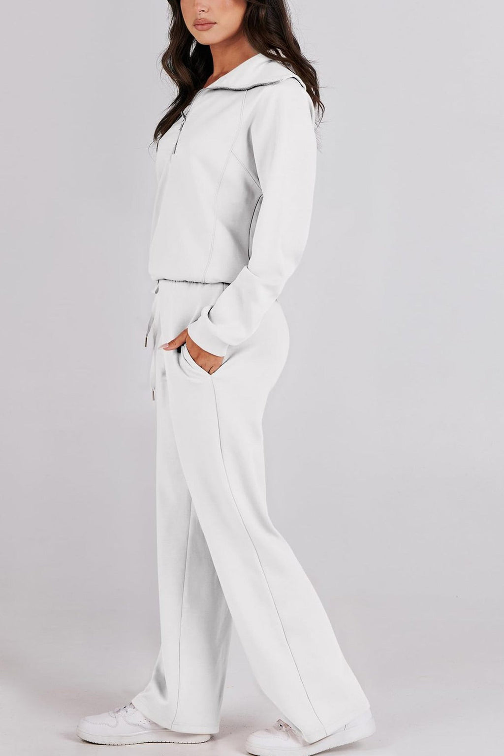 Valenzora | Long wide-leg trouser set with lapel zip-up sweatshirt