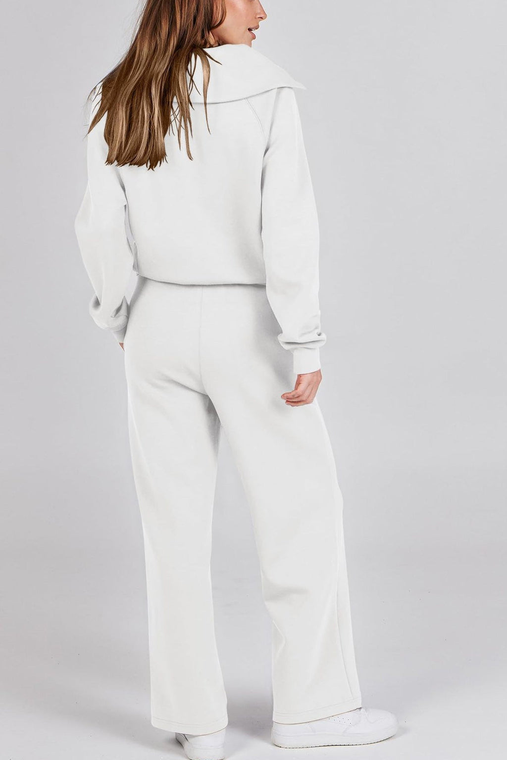 Valenzora | Long wide-leg trouser set with lapel zip-up sweatshirt