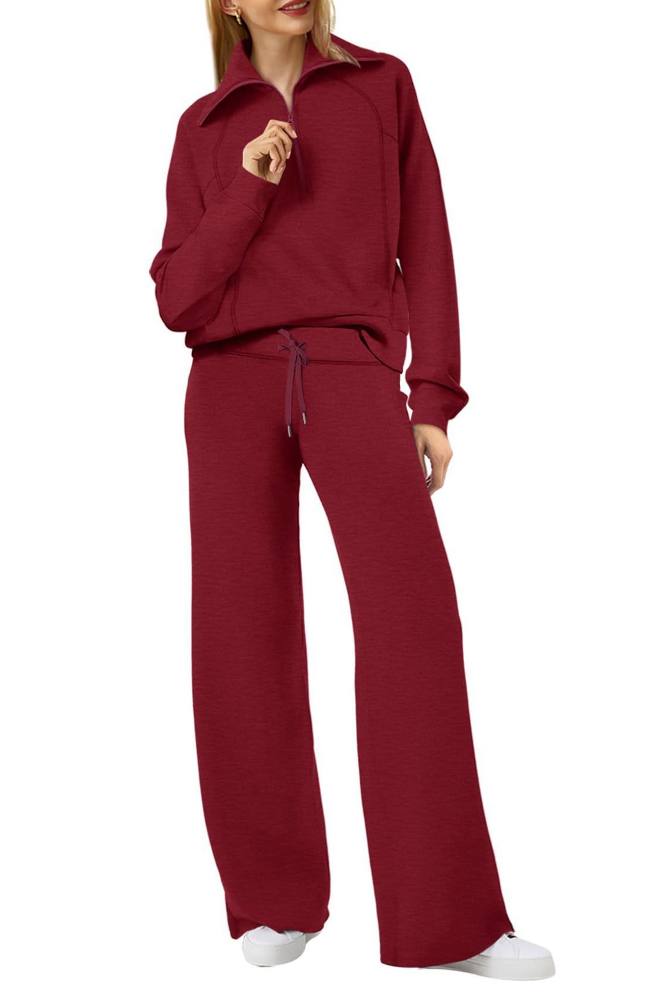 Valenzora | Long wide-leg trouser set with lapel zip-up sweatshirt