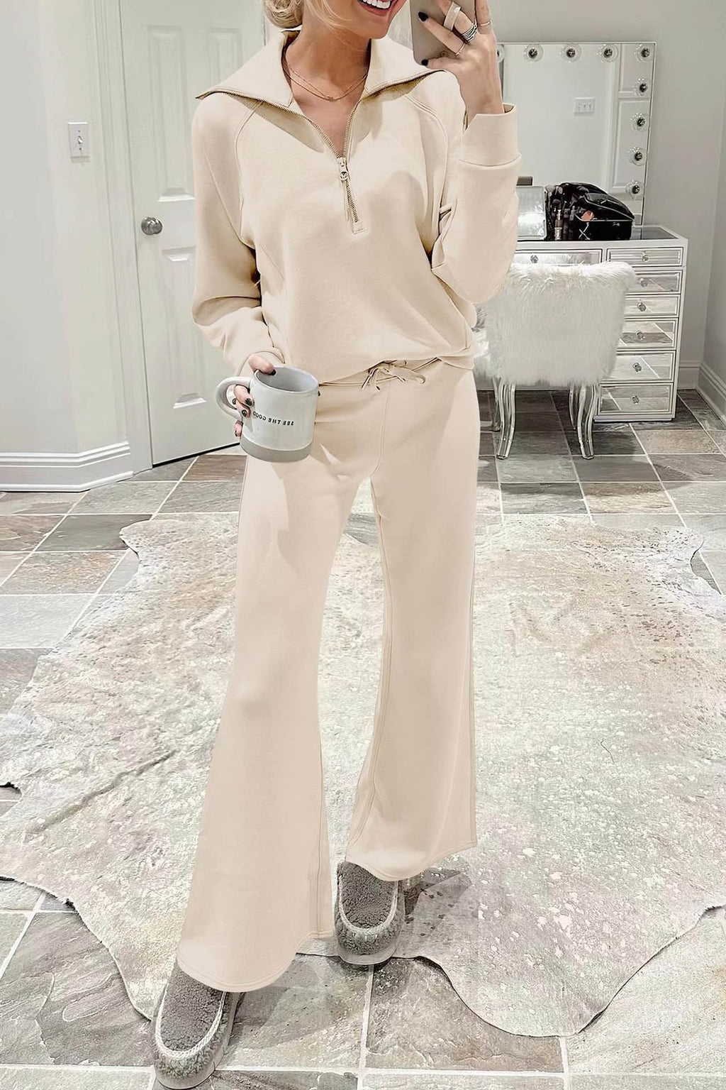 Valenzora | Long wide-leg trouser set with lapel zip-up sweatshirt