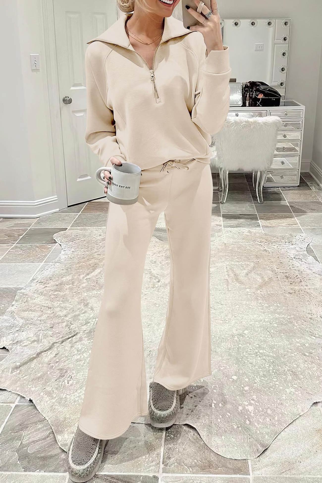Valenzora | Long wide-leg trouser set with lapel zip-up sweatshirt
