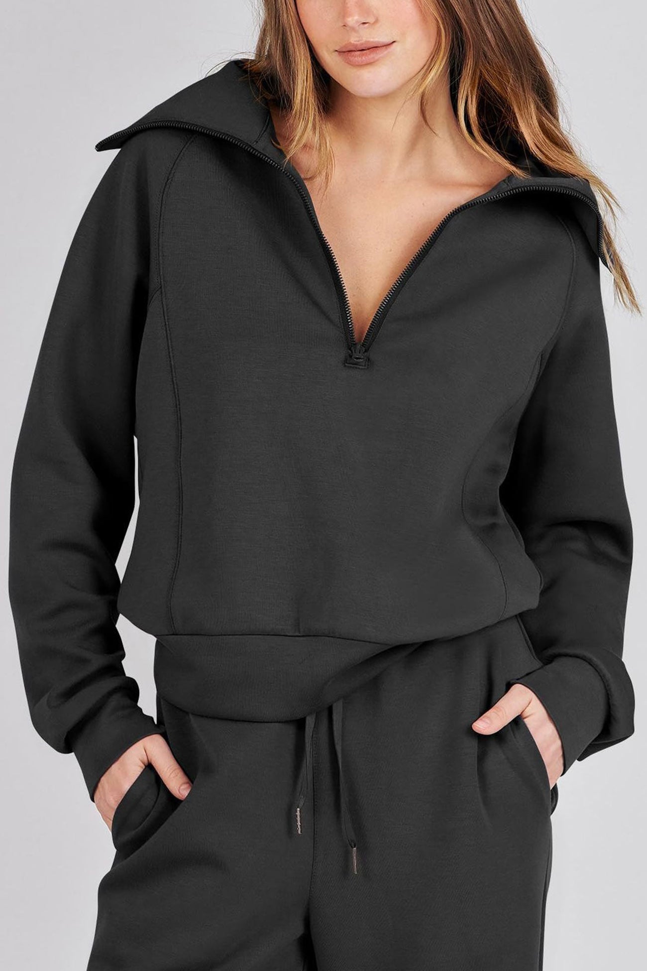 Valenzora | Long wide-leg trouser set with lapel zip-up sweatshirt