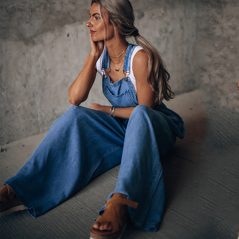 Valenzora | Wide-leg sleeveless loose fit denim jumpsuit for women