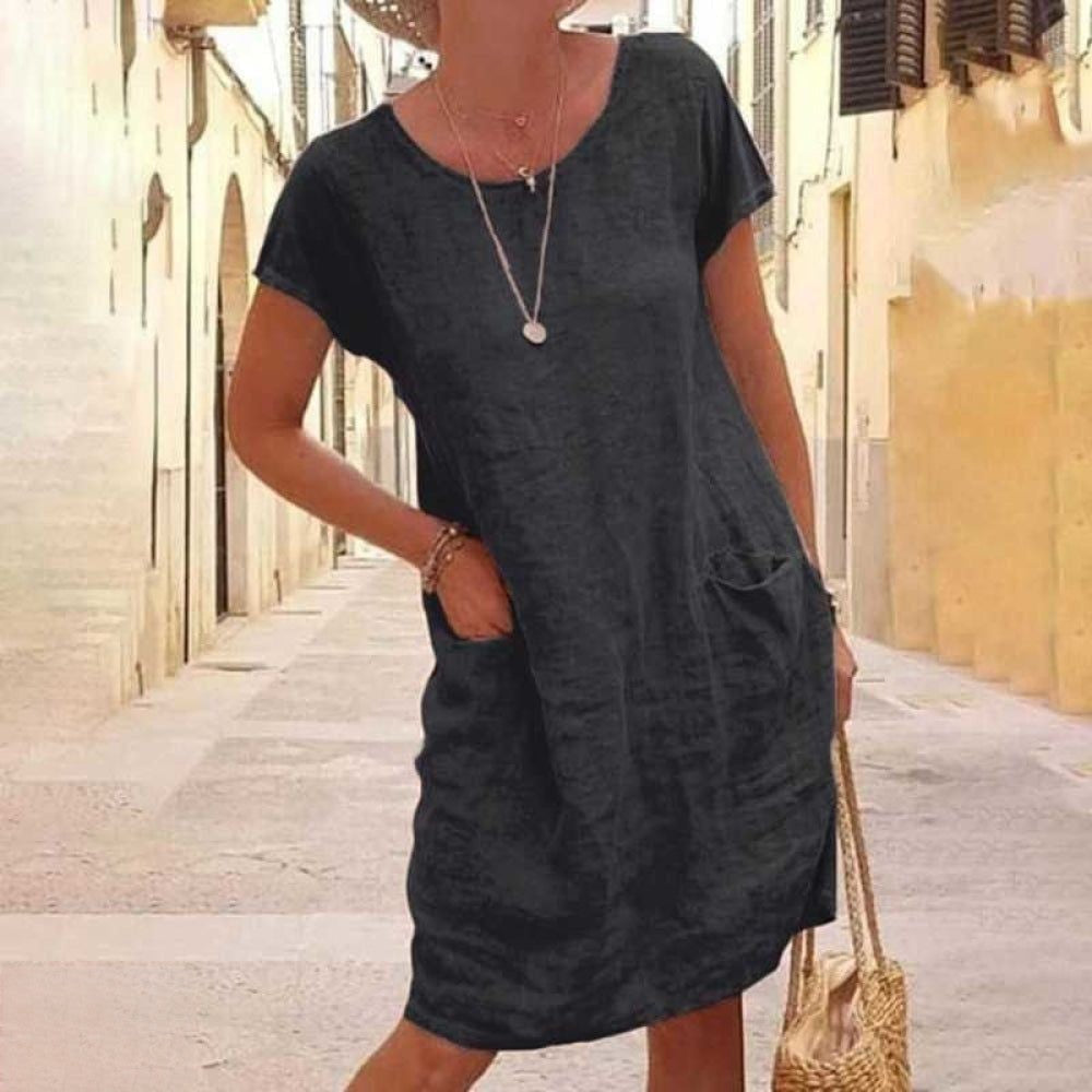 Valenzora | Casual linen dress with short sleeves for women