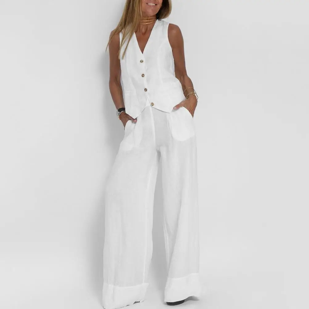 Valenzora | Sleeveless linen jacket and wide-leg trousers for women