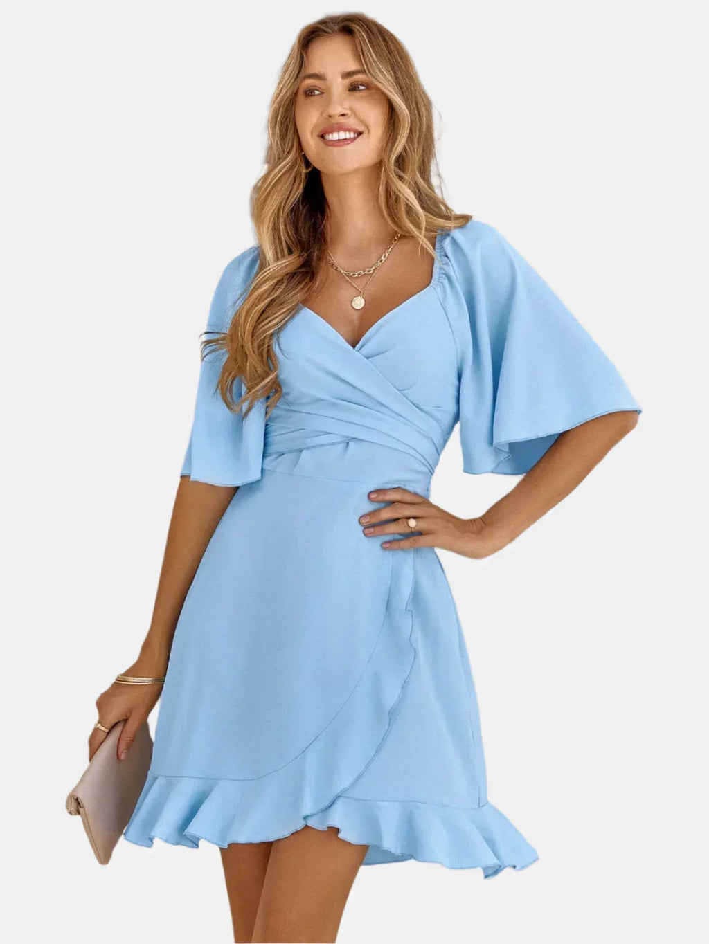 Valenzora | Elegant dress with V-neck and ruffles at the hem