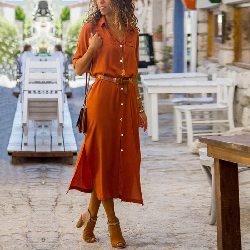 Valenzora – Elegant button-down shirt dress for women | Long-sleeved bohemian-style shirt dress with belt