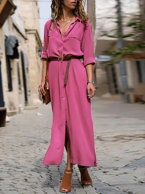 Valenzora – Elegant button-down shirt dress for women | Long-sleeved bohemian-style shirt dress with belt