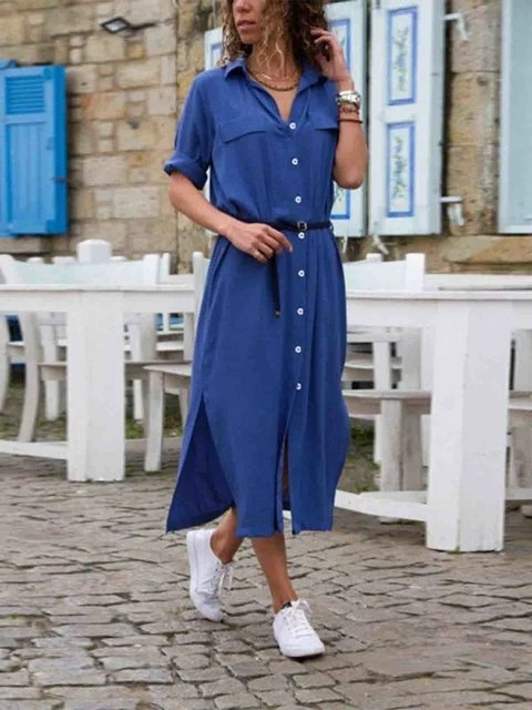 Valenzora – Elegant button-down shirt dress for women | Long-sleeved bohemian-style shirt dress with belt