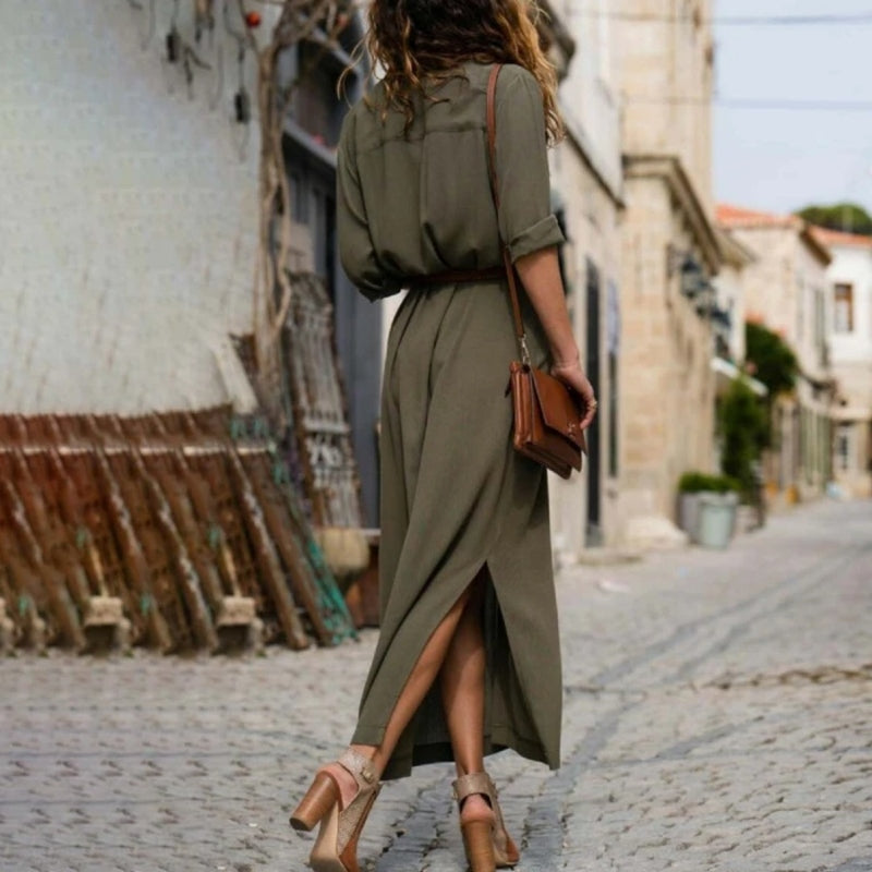 Valenzora – Elegant button-down shirt dress for women | Long-sleeved bohemian-style shirt dress with belt