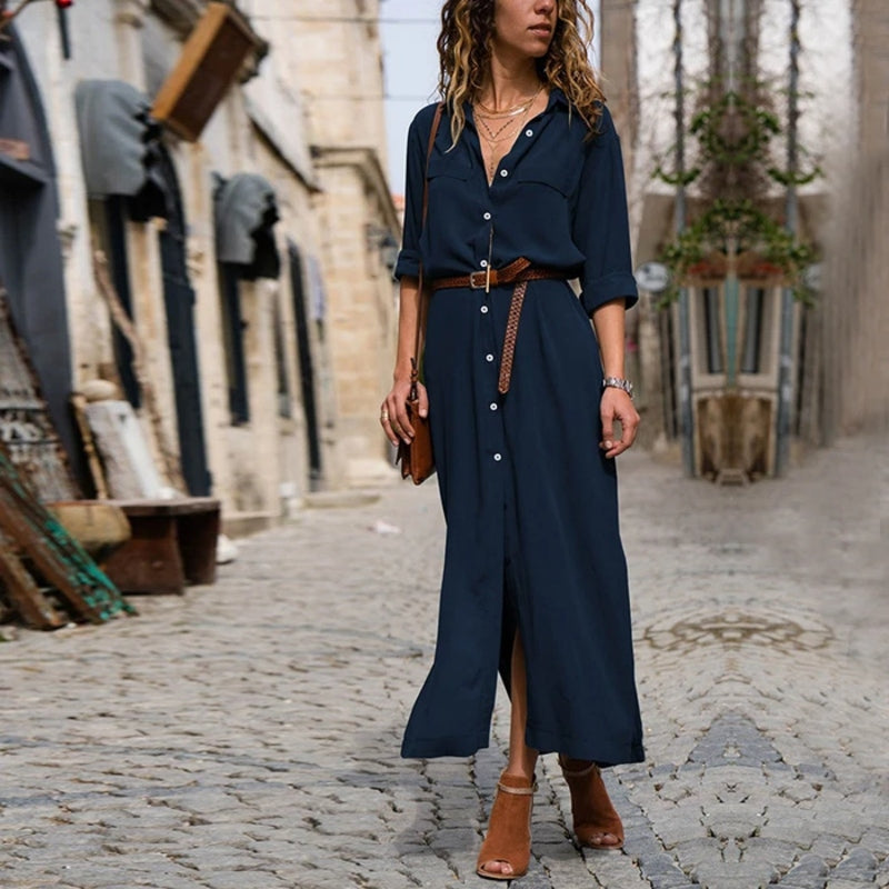 Valenzora – Elegant button-down shirt dress for women | Long-sleeved bohemian-style shirt dress with belt