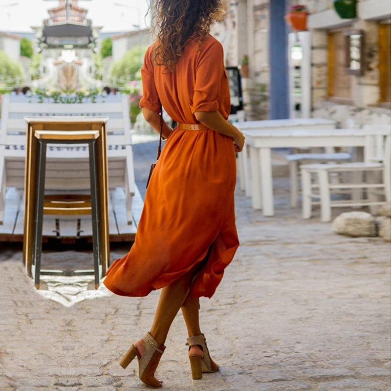 Valenzora – Elegant button-down shirt dress for women | Long-sleeved bohemian-style shirt dress with belt