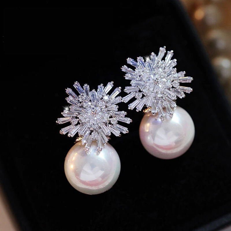 Valenzora | Austrian Imitation Pearl Snow Flower Bridal CZ Stud Earrings