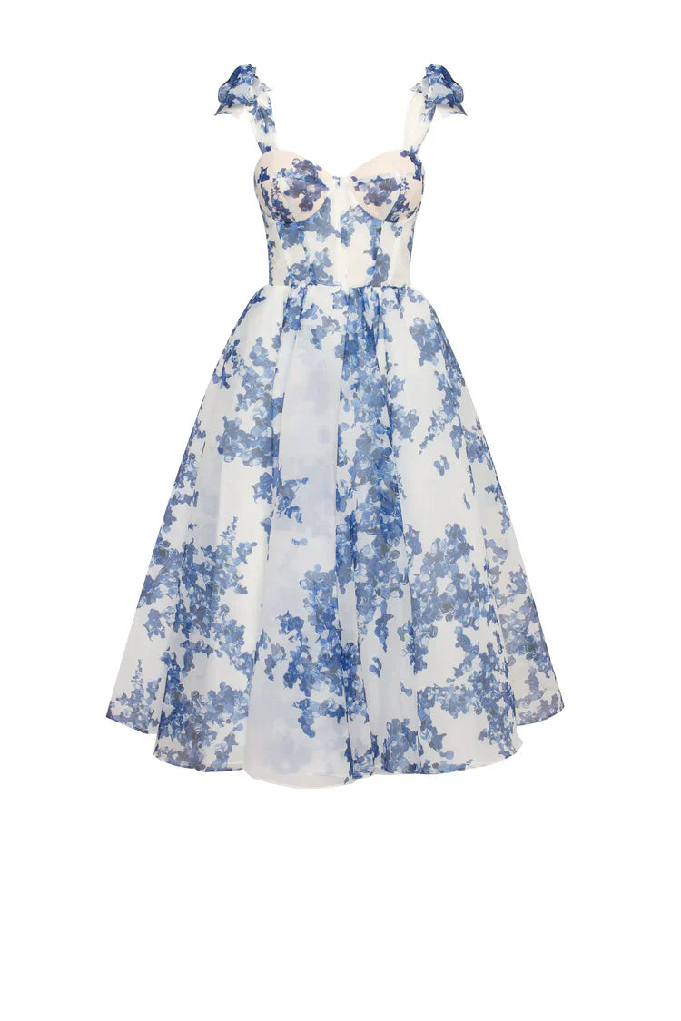 Valenzora | Blue organza midi dress with hydrangea pattern
