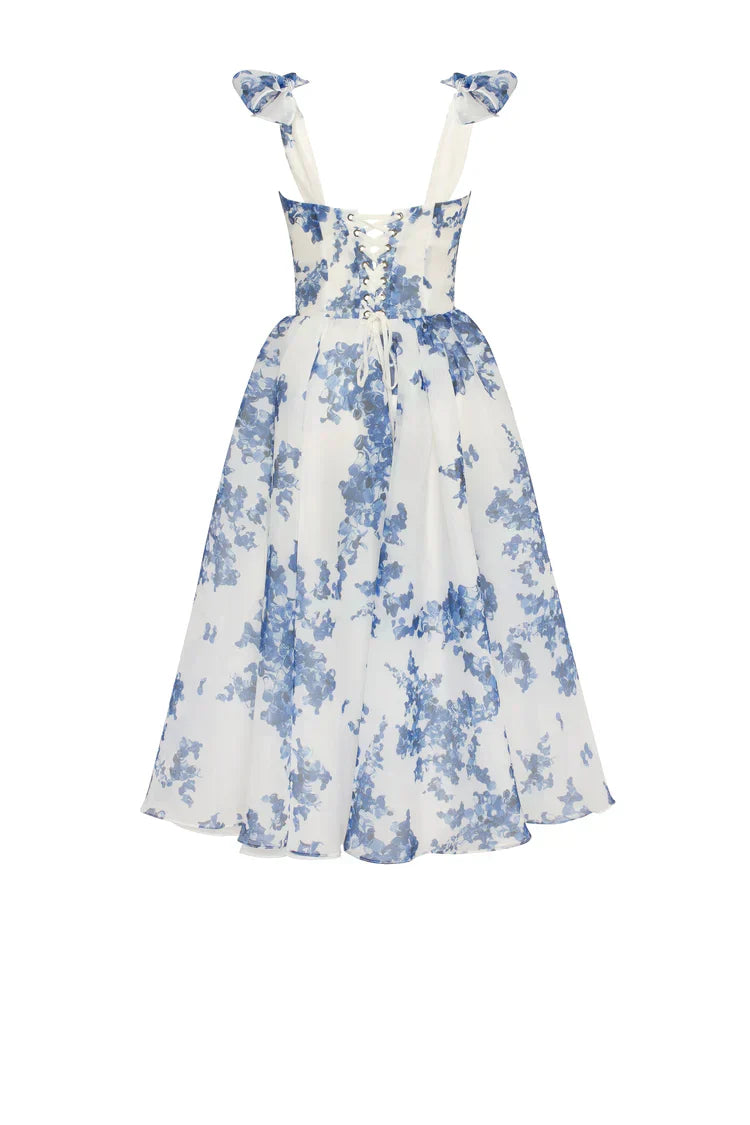 Valenzora | Blue organza midi dress with hydrangea pattern