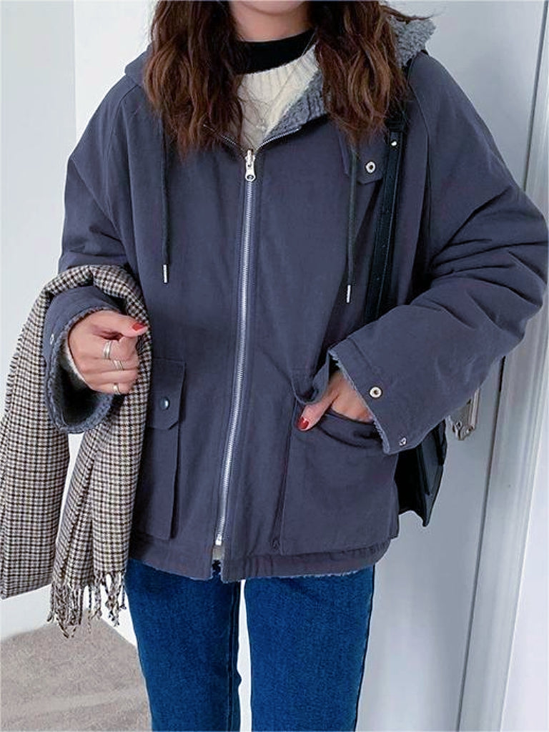 Valenzora | Solid Color Reversible Jacket with Hood and Zipper
