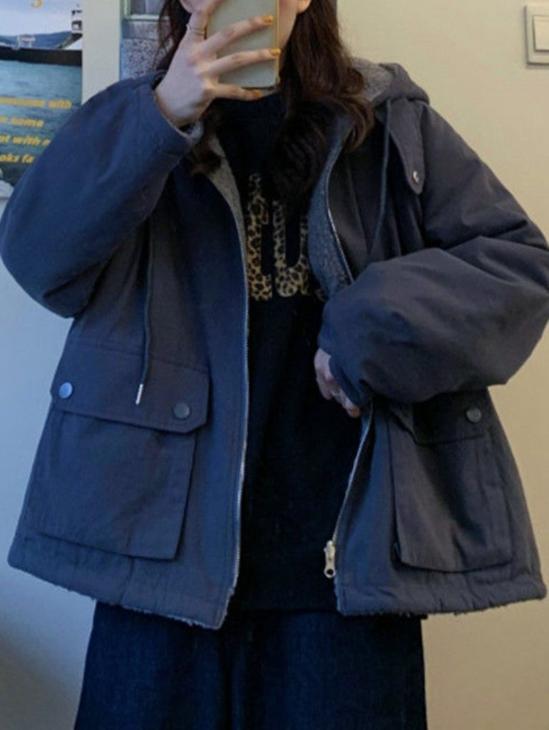 Valenzora | Solid Color Reversible Jacket with Hood and Zipper